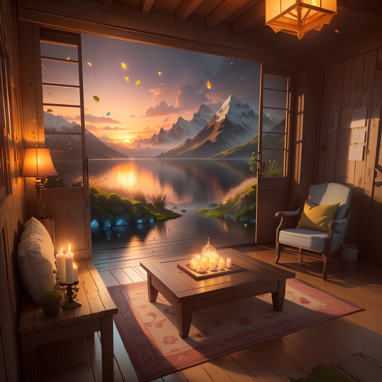 hut, mountains, yellow light, sunset, candles, landscape, lake, masterpiece, best quality, (very detailed CG 8k wallpaper unit), (best quality), (best illustration), (best shade), a mossy radish house, warlight around the room, fireflies, petals, bright windows, isometric 3D, Octane rendering, ray tracing, ultra-detailed