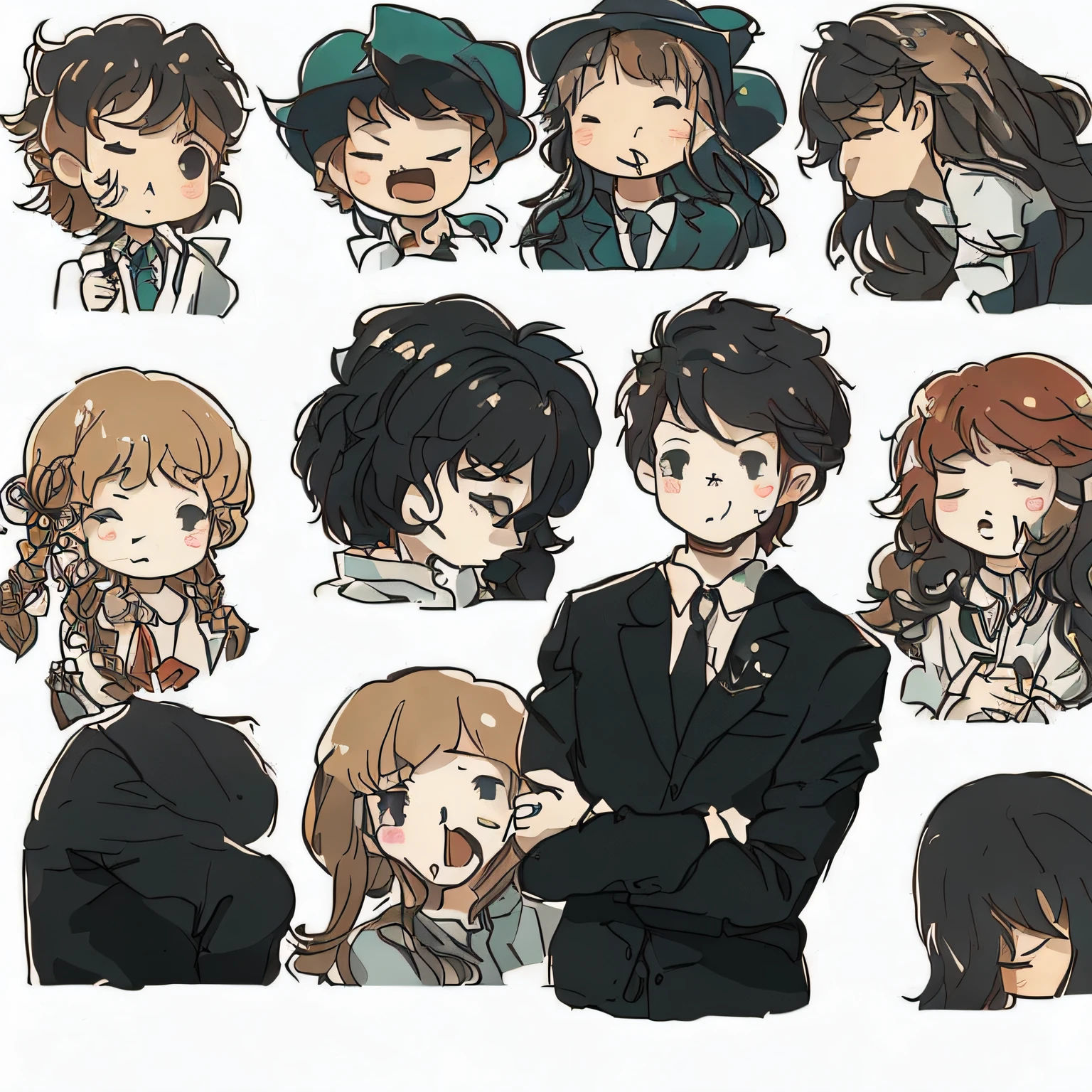 White background, character sheet, many angles, cute illustrations, logo design, office worker, a lot of men in suits, sleeping, anger, joy, fatigue, sadness, suffering, drowsiness, masterpiece, high quality