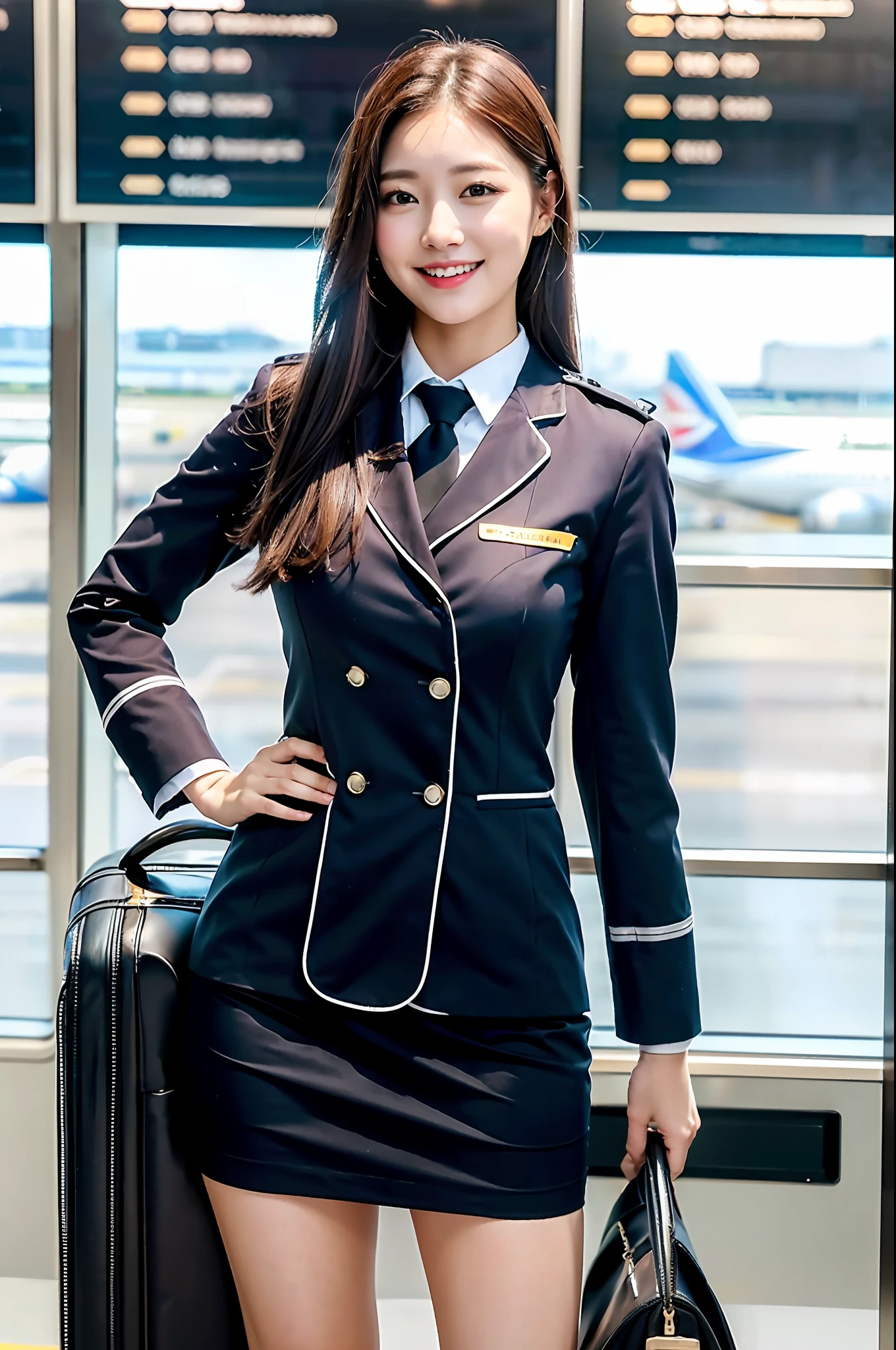 1 girl, (photorealistic, high resolution: 1.4), full body (8k, RAW photo, highest quality, masterpiece: 1.2), (realistic, photorealistic): 1.37), ((white skin: 1.2), big, viewer's gaze, (middle hair: 1.5), airplane, airport, standing, (simple background: 1.4), solo, upper body, realistic, (masterpiece: 1.4), (best quality: 1.4), ( shiny skin), smile (skinny, mouth closed, shy: 1.3), (stewardess uniform),