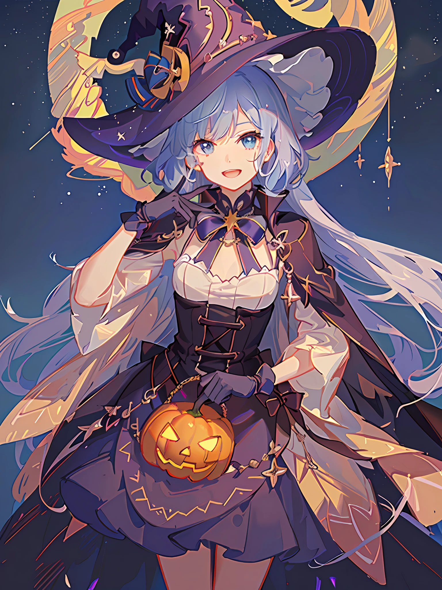 ((masterpiece:1.2, best quality)), 1girl, solo, (witch hat), a close up of a girl with curly hair, dress, aurora, night, star (sky), gloves, sky, dress, night sky, open mouth, starry sky, light blue eyes, ribbons, smile, cape, colorful hair, magic, casting spell, night, (impressionism:1.4), alphonse mucha, Halloween colors, colorful candy, magical lights, pumpkins, candies
