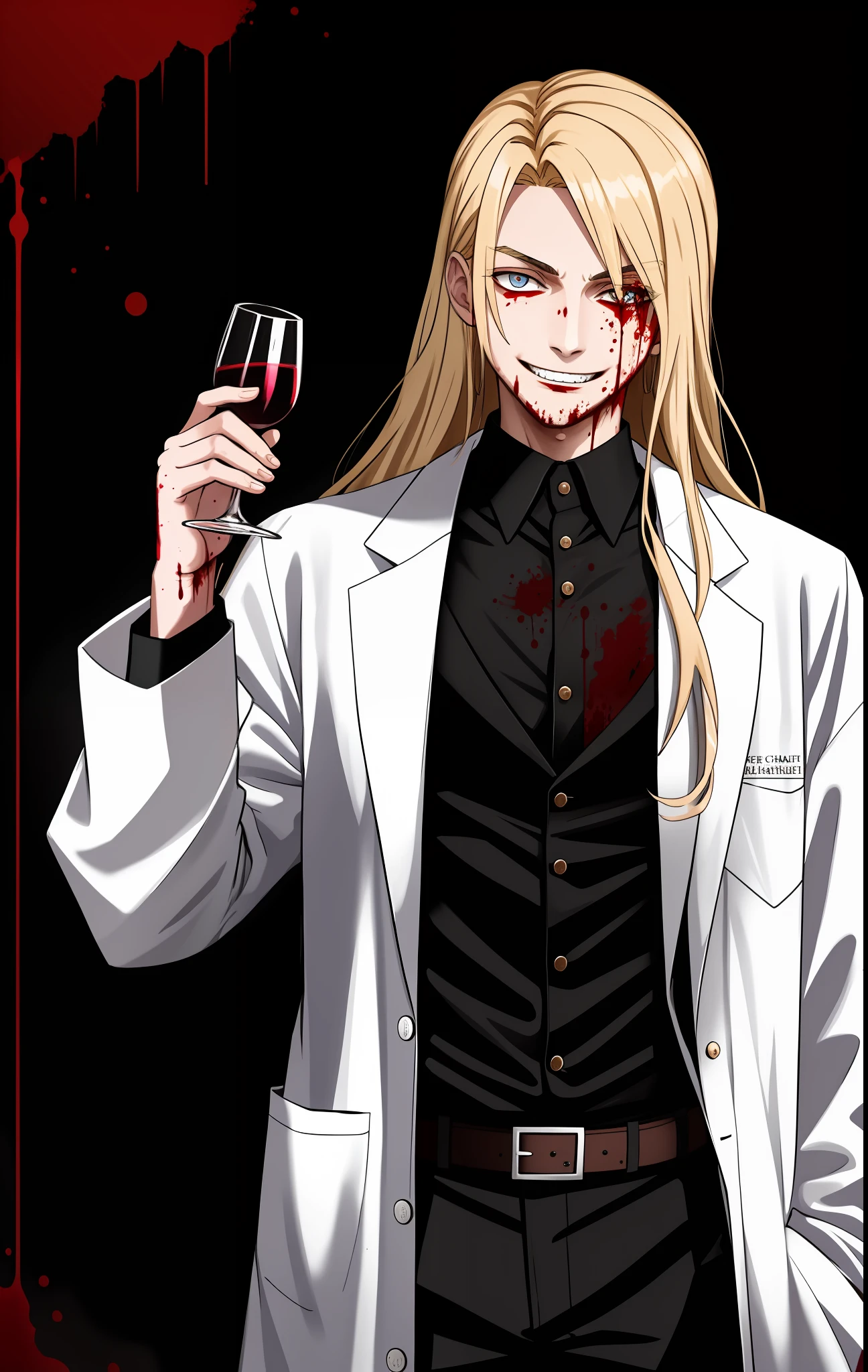 Doctor, long blonde hair, blood-stained black clothes, tall man with blood on his face, horrifying smile, crazy look, eyes open, wearing lab coat and black cacharrel, holding a glass of wine