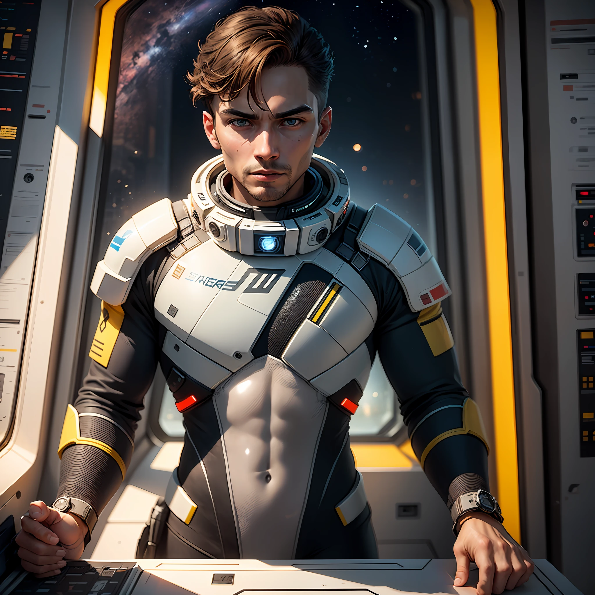 fking_scifi, award-winning photo of a man, black flight suit with yellow accents, brown hair, (gray eyes:1.35), square jawline, asymmetric face, standing in front of a window on a space ship, 80mm, bokeh, mass effect, close up, fking_cinema_v2 --auto