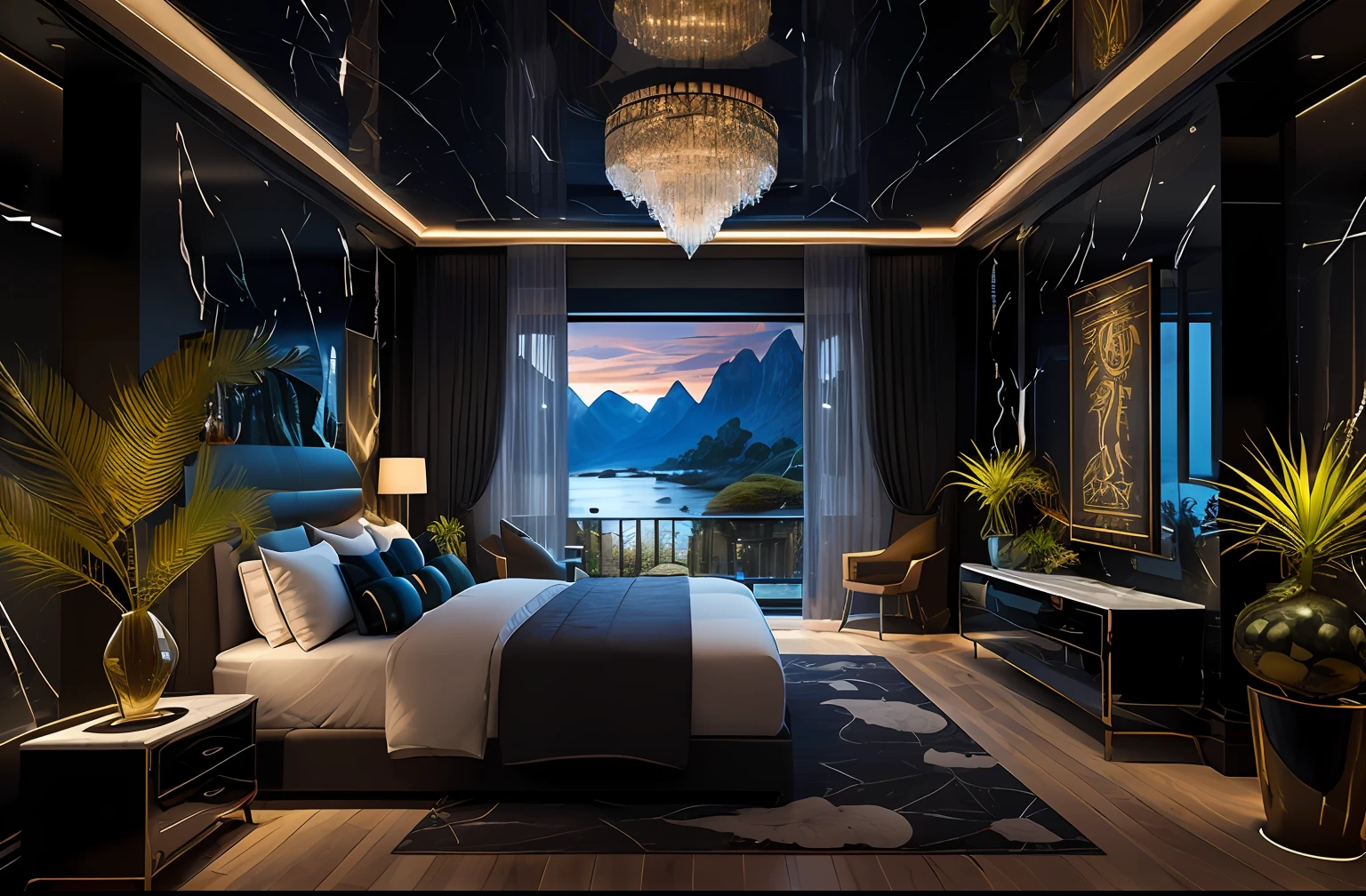 hut, mountains, yellow light, sunset, candles, landscape, lake, amazing black luxurious futuristic bedroom interior in ancient egyptian style with many (((lush plants))) (lotus flowers), ((palm trees)), ((African flowers and plants)), rocky walls, ((sand)), ((waterfalls)) (marble), ((precious minerals)), ((metals)), (precious stones), crystals, clouds and (((water))), (curvilinear futuristic furniture), (hieroglyphics), ((trees, flowers, plants made of precious stones and precious minerals and lights)), crocodiles, (((ultra luxury))), (black marble) – with ((beautiful lights)), Unreal Engine, HQ, 16k