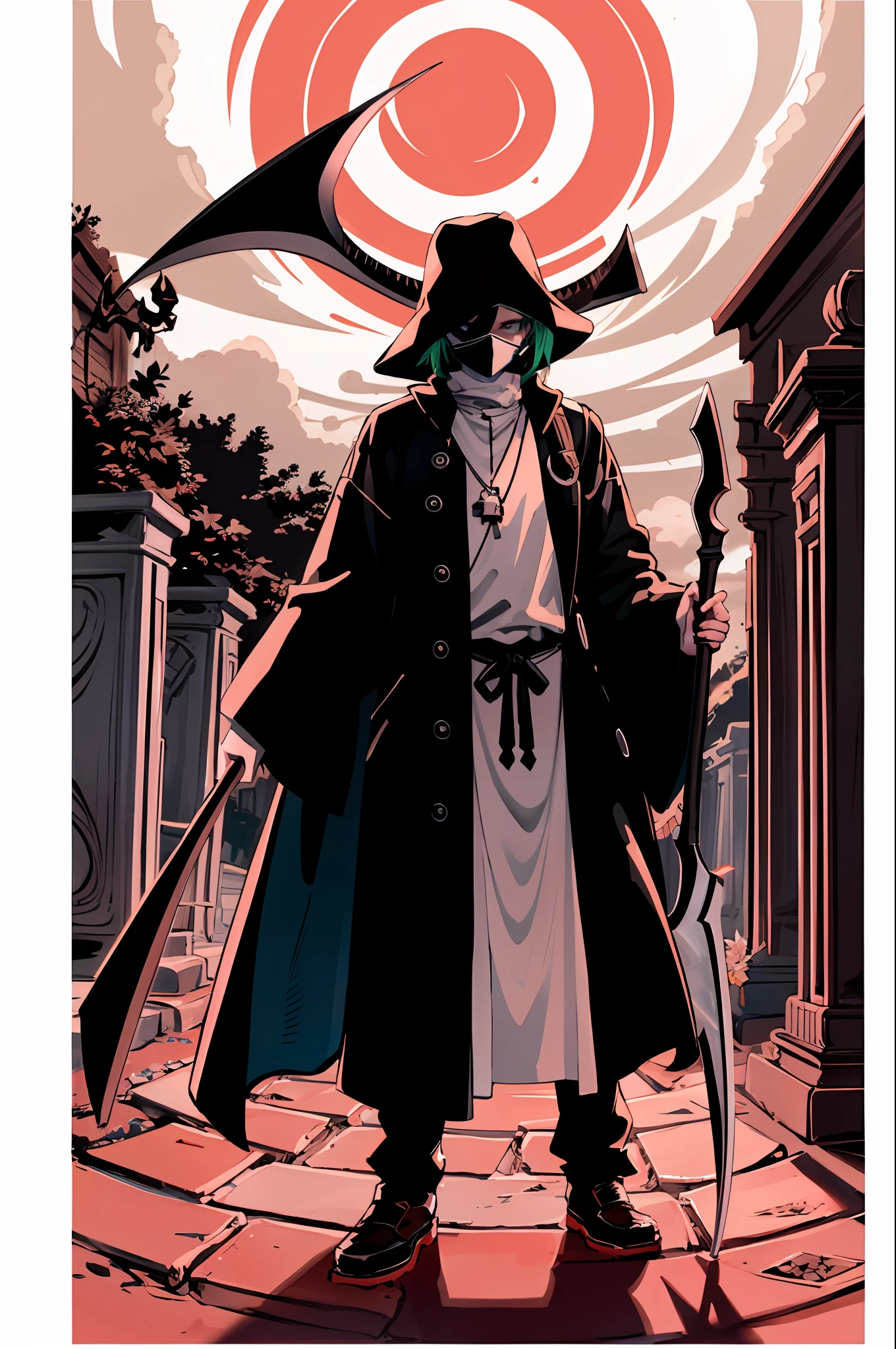 lineart,Izuku Midoriya as the Grim Reaper dressed in plague doctor's clothes wielding a scythe in a cemetery under the crimson moonlight.