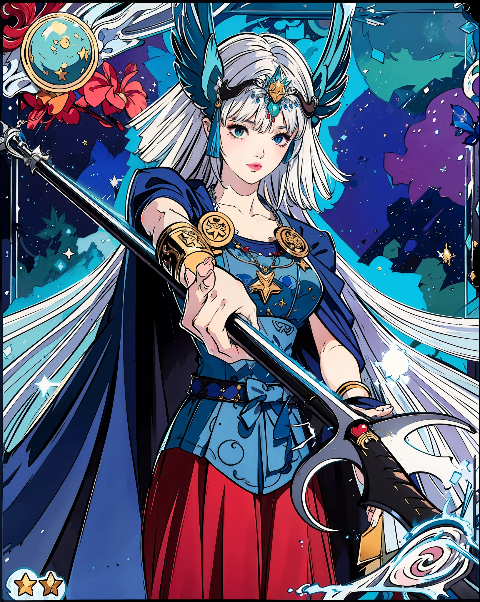 Sain seiya Hilda of polars,goddess of stars,white hair,pink lipstick,moon-shaped crosier,wearing blue dress