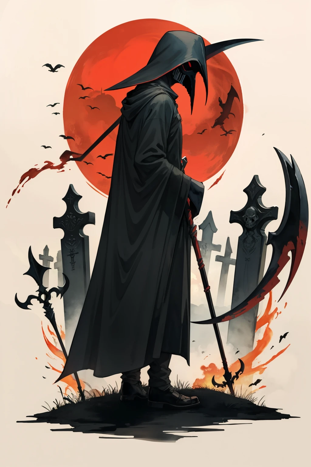 masterpiece, colorful ink painting, Izuku Midoriya as the Grim Reaper dressed in plague doctor's clothes wielding a scythe in a cemetery under the crimson moonlight.