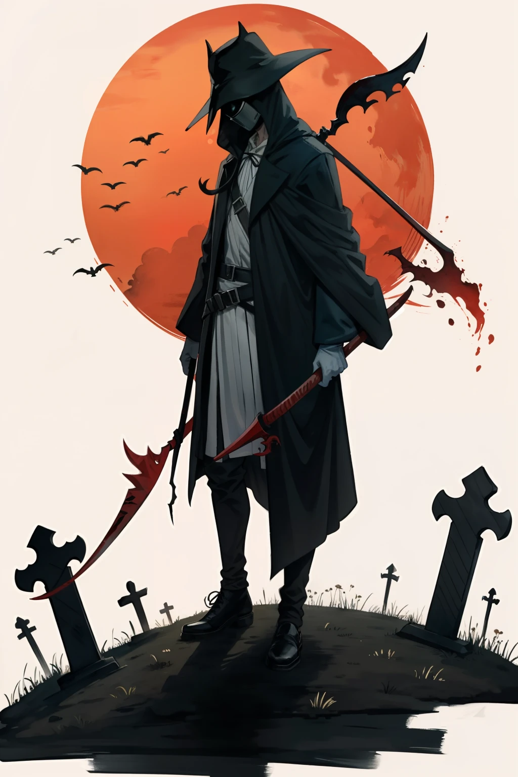 masterpiece, colorful ink painting, Izuku Midoriya as the Grim Reaper dressed in plague doctor's clothes wielding a scythe in a cemetery under the crimson moonlight.
