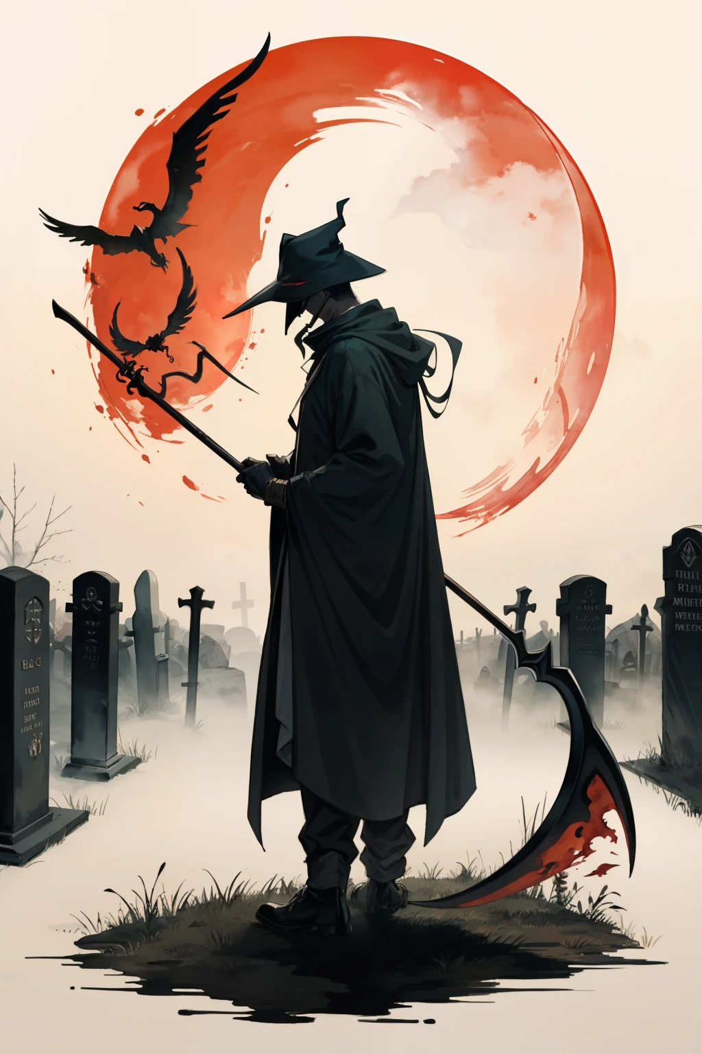masterpiece, colorful ink painting, Izuku Midoriya as the Grim Reaper dressed in plague doctor's clothes wielding a scythe in a cemetery under the crimson moonlight.