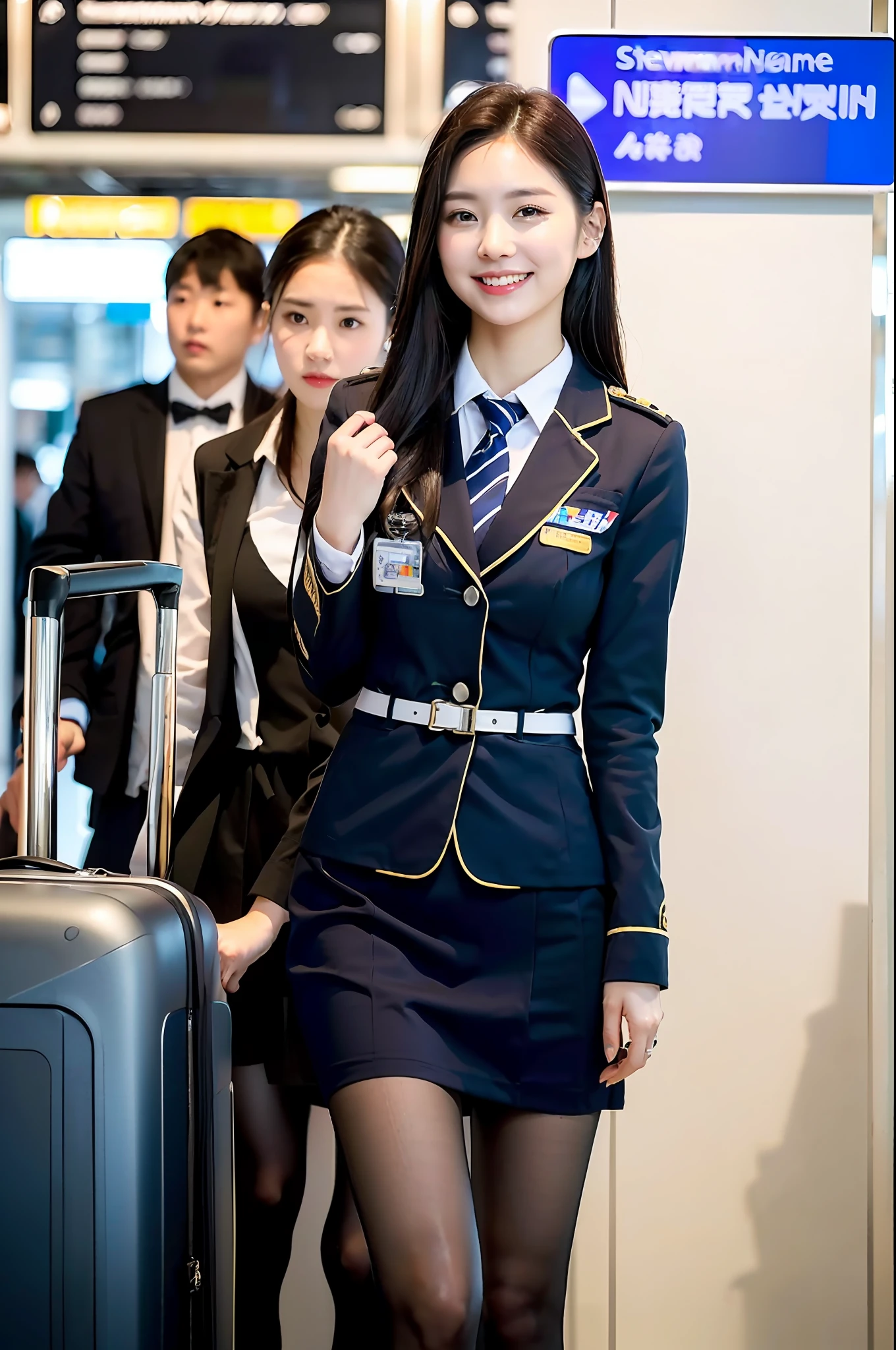 1 girl, (photorealistic, high resolution: 1.4), full body (8k, RAW photo, highest quality, masterpiece: 1.2), (realistic, photorealistic): 1.37), ((white skin: 1.2), big, viewer's gaze, (middle hair: 1.5), airplane, airport, pretty legs, (simple background: 1.4), solo, upper body, real, (masterpiece: 1.4), (best quality: 1.4) , (shiny skin), smile (skinny, mouth closed, shy: 1.3), (stewardess uniform, necromancer: 1.1),