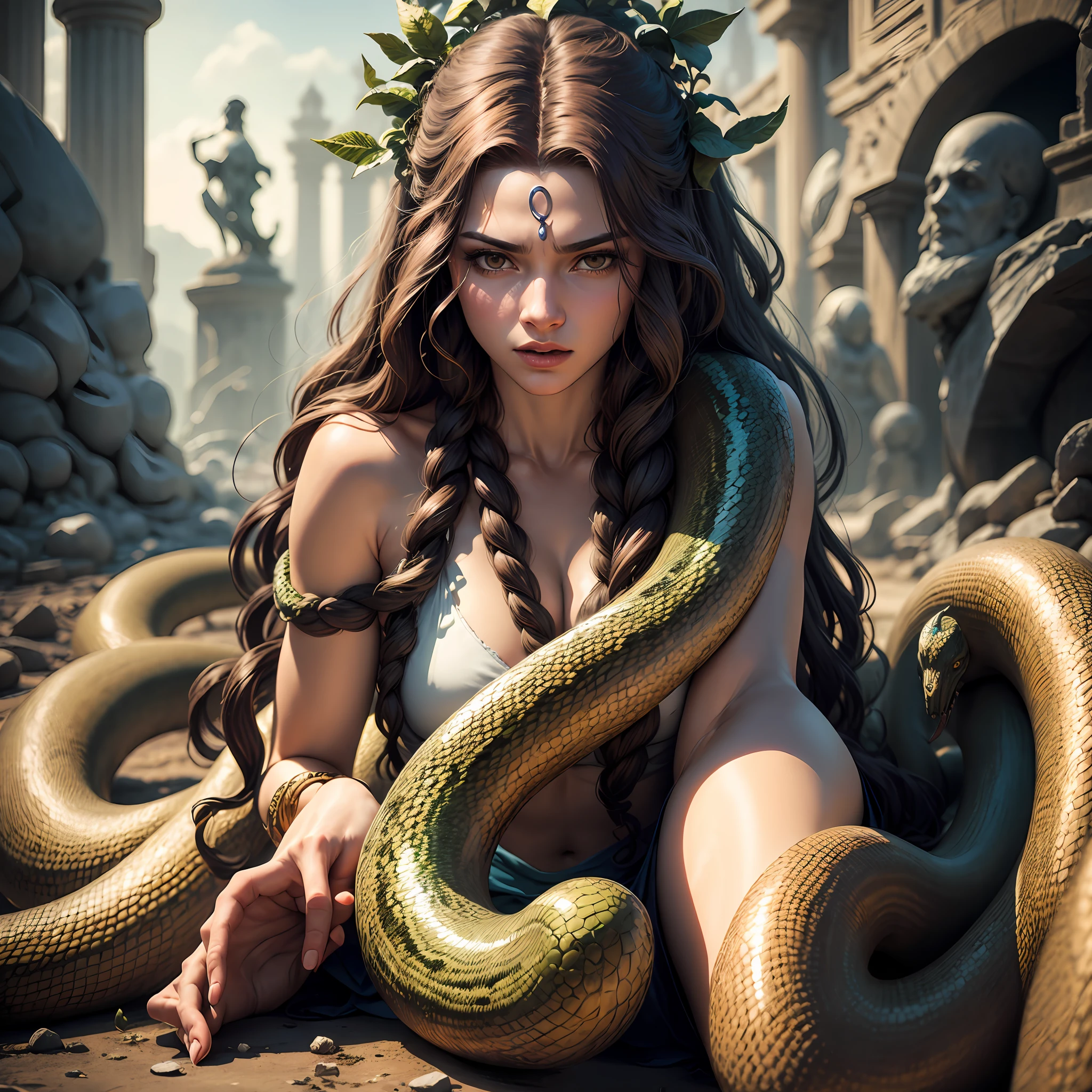 realistic, excellent, Greek mythology, Medusa, Gorgon, serpent hair, whole body, ruined labyrinth --auto