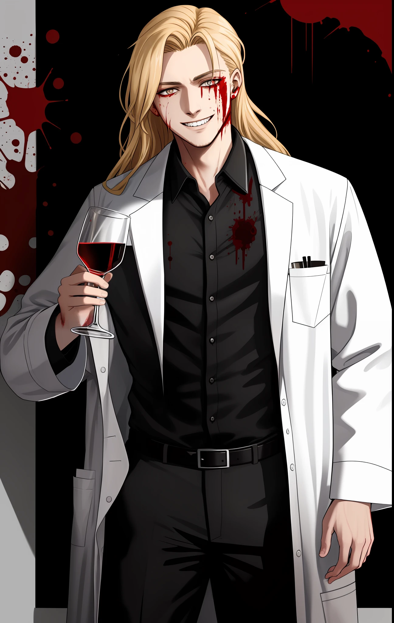 Doctor, long blonde hair, blood-stained black clothes, tall man with blood on his face, horrifying smile, crazy look, eyes open, wearing lab coat and black cacharrel, holding a glass of wine
