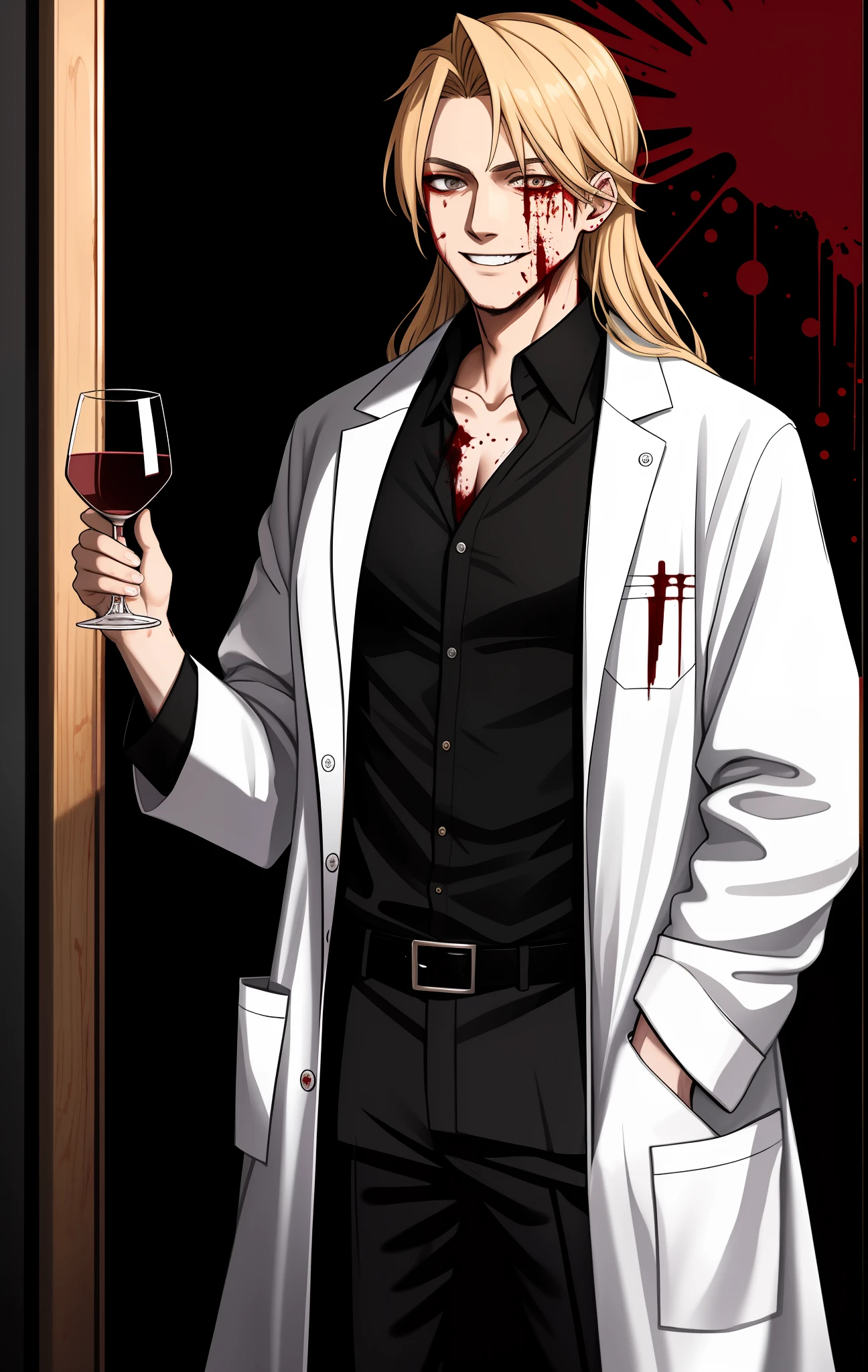 Doctor, long blonde hair, blood-stained black clothes, tall man with blood on his face, horrifying smile, crazy look, eyes open, wearing lab coat and black cacharrel, holding a glass of wine