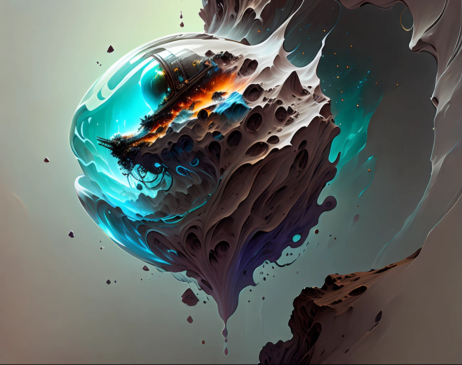 astronaut, climbing the asteroid, character render, ultra high quality model, ethereal background, abstract beauty, explosive volumetric, oil painting, heavy strokes, paint dripping