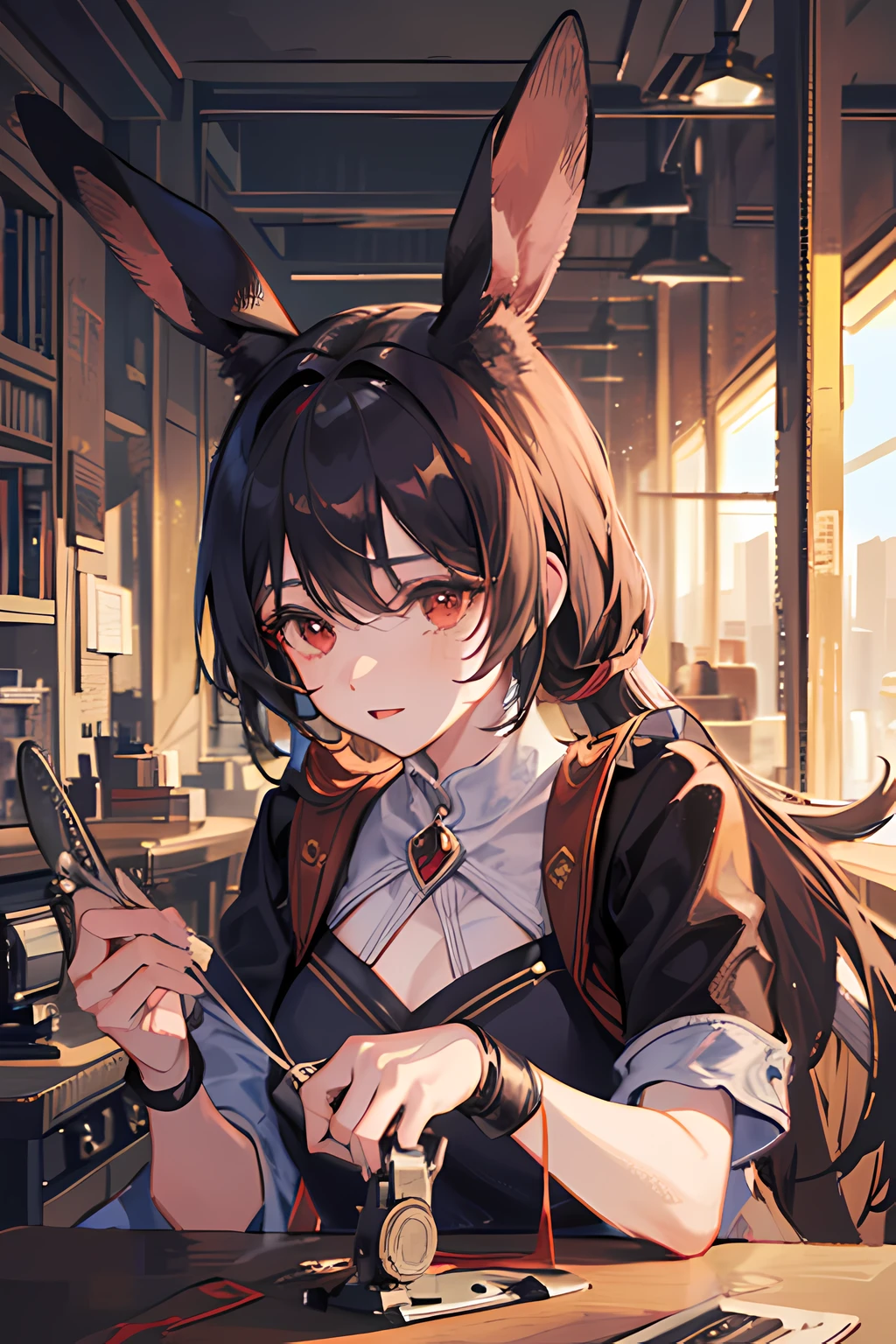 ((masterpiece, top quality, super definition, high definition)), advanced lighting, woman like a rabbit, red eyes, tail, sewing machine, clothes