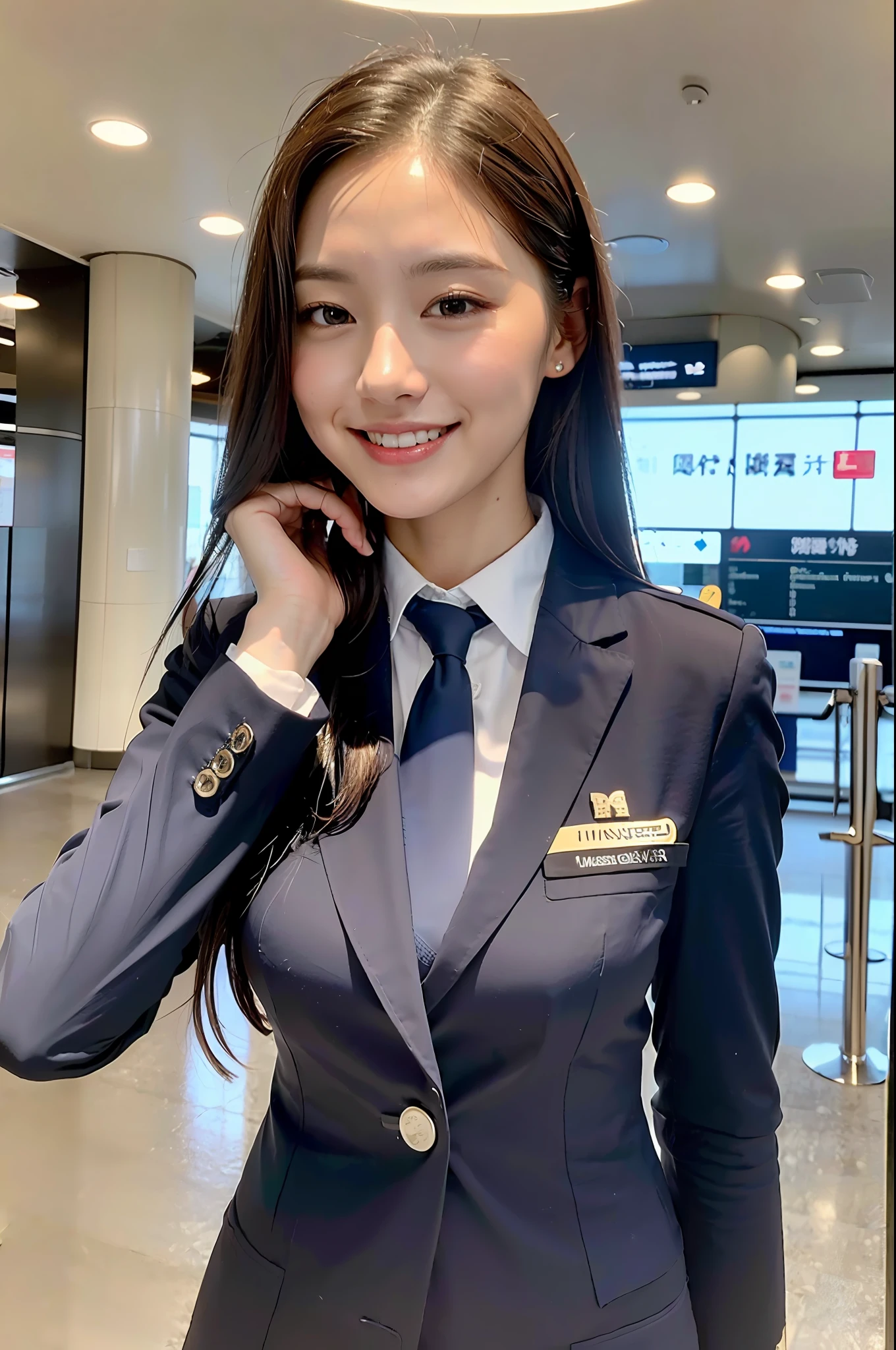 1 girl, (photorealistic, high resolution: 1.4), full body (8k, RAW photo, highest quality, masterpiece: 1.2), (realistic, photorealistic): 1.37), ((white skin: 1.2), big, viewer's gaze, (middle hair: 1.5), airplane, airport, standing, (simple background: 1.4), solo, upper body, realistic, (masterpiece: 1.4), (best quality: 1.4), ( shiny skin), smile (skinny, mouth closed, shy: 1.3), (stewardess uniform),