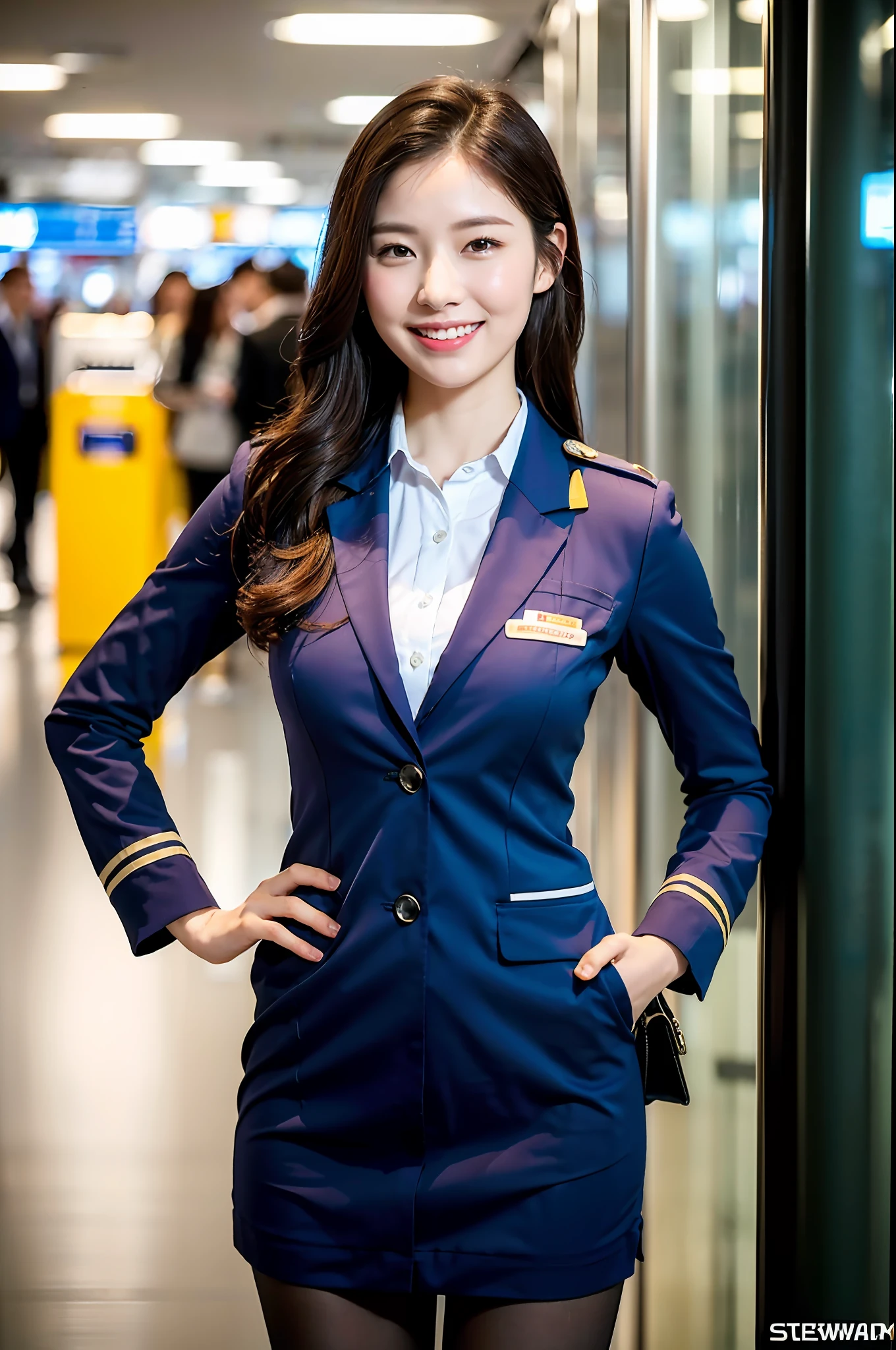 1 girl, (photorealistic, high resolution: 1.4), full body (8k, RAW photo, highest quality, masterpiece: 1.2), (realistic, photorealistic): 1.37), ((white skin: 1.2), big, viewer's gaze, (middle hair: 1.5), airplane, airport, standing, (simple background: 1.4), solo, upper body, realistic, (masterpiece: 1.4), (best quality: 1.4), ( shiny skin), smile (skinny, mouth closed, shy: 1.3), (stewardess uniform),