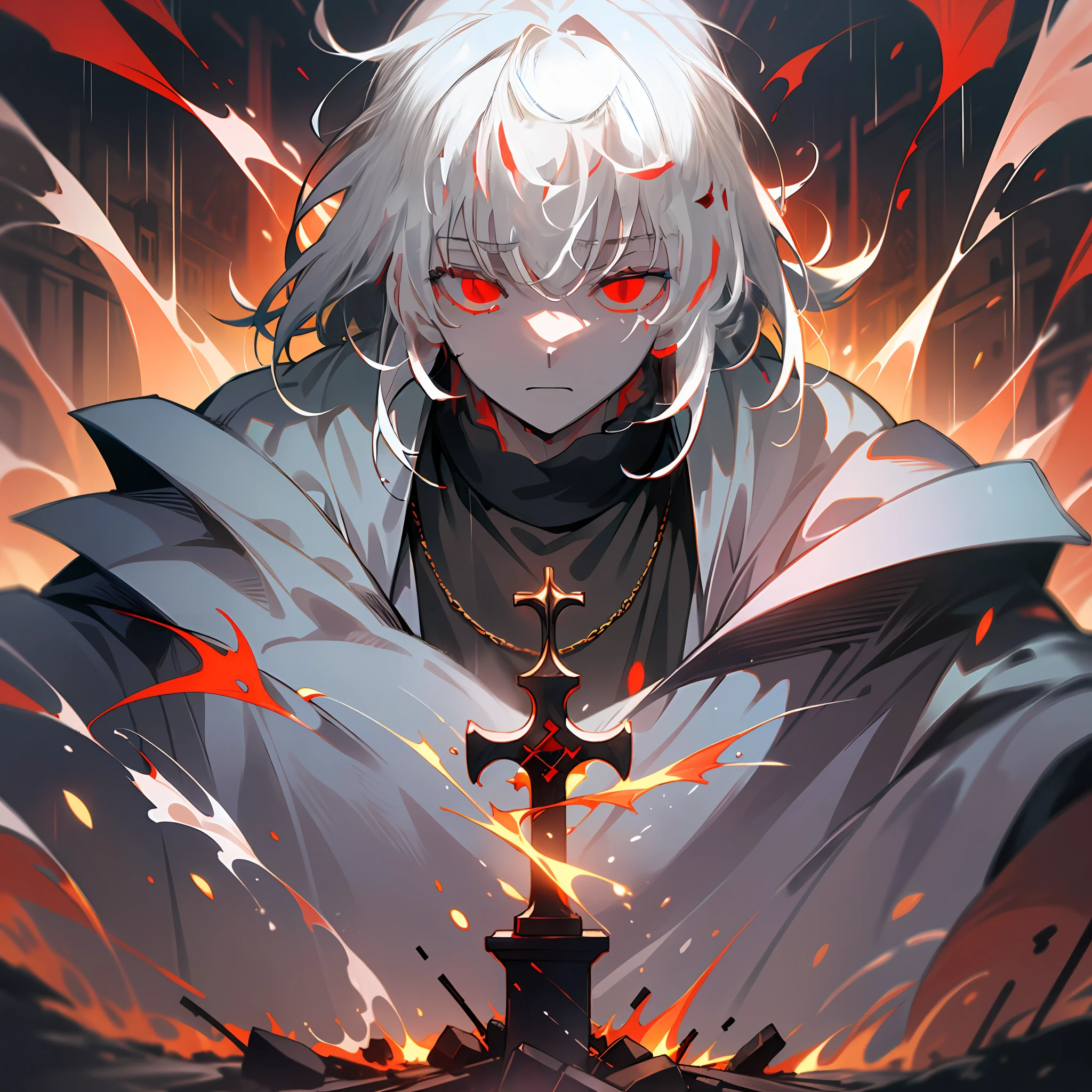 ((((Detailed face)))), masterpiece, best quality,(cassock), (clergy), ultra-detailed, Gothic city, ((((adult male))),serious face, ((red eyes))), whole body , ((((male))), looking at the viewer, blood, infine cross, red chalice Holy Grail in the illuminated sky, rainy night, gothic, adult, liquid blood spear, evil, blood rain, burning village background, dead eyes, 1boy, black hair with white gradient,  heavy rain, red fire, evil, destruction, ultimatum, white hair, smoke, edgy