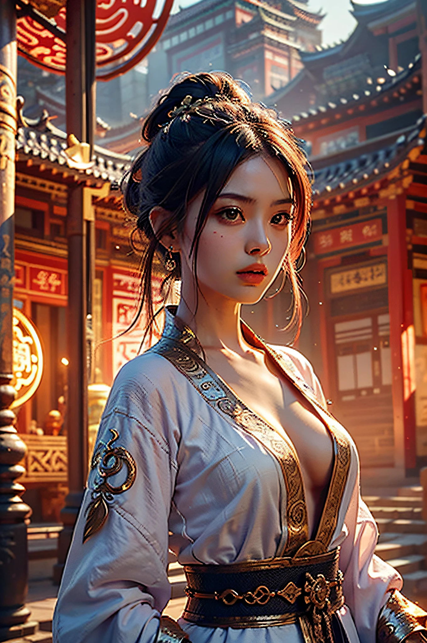 Best quality,masterpiece,ultra high res,(photorealistic:1.4),xiuxian,weapon,Detailed face,
1girl,solo,weapon,cleavage,(magic circle:1.2),xiuxian,upper body,Beautiful girl,full body,east asian architecture,sheath,architecture,