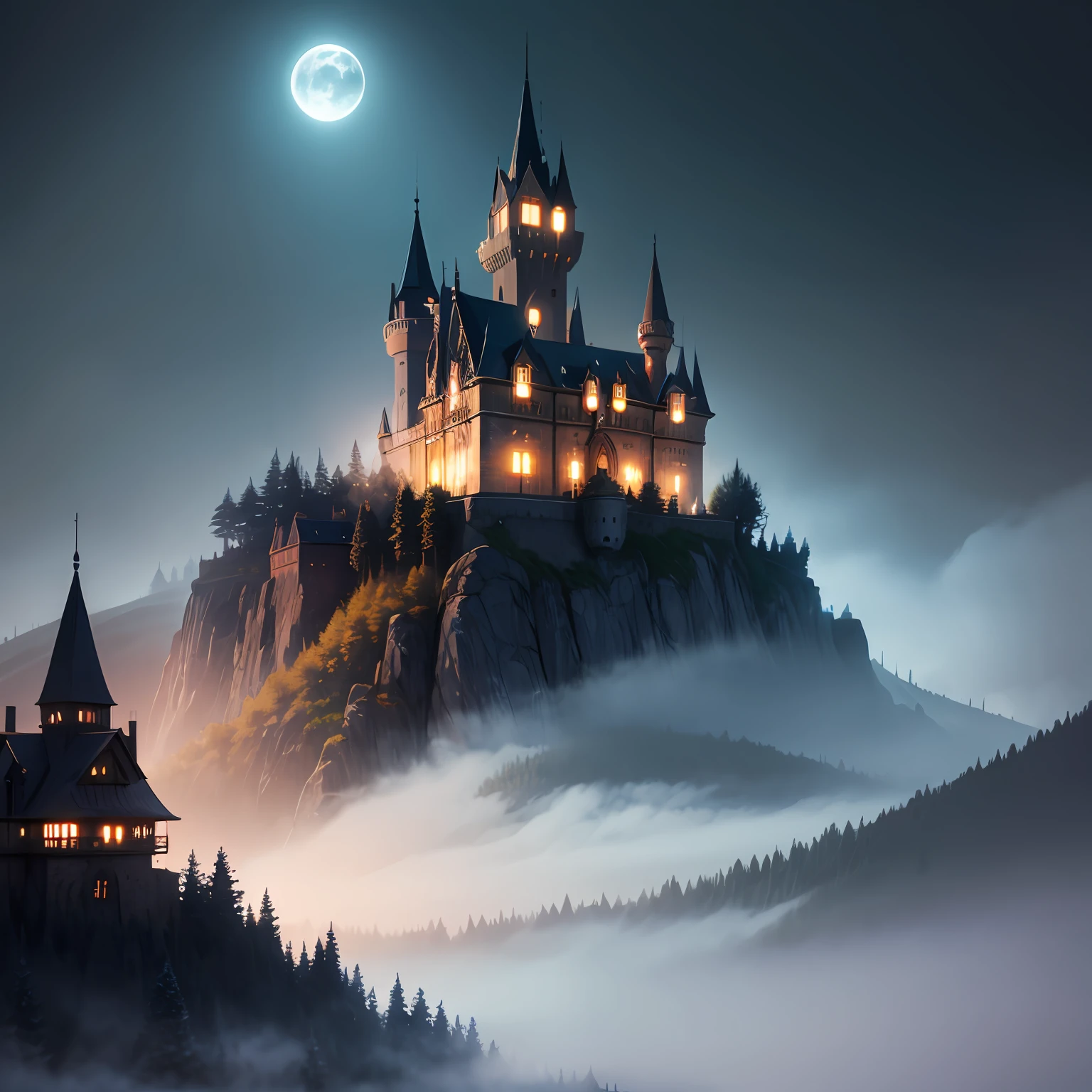 haunted castle in the night and around, mist --auto