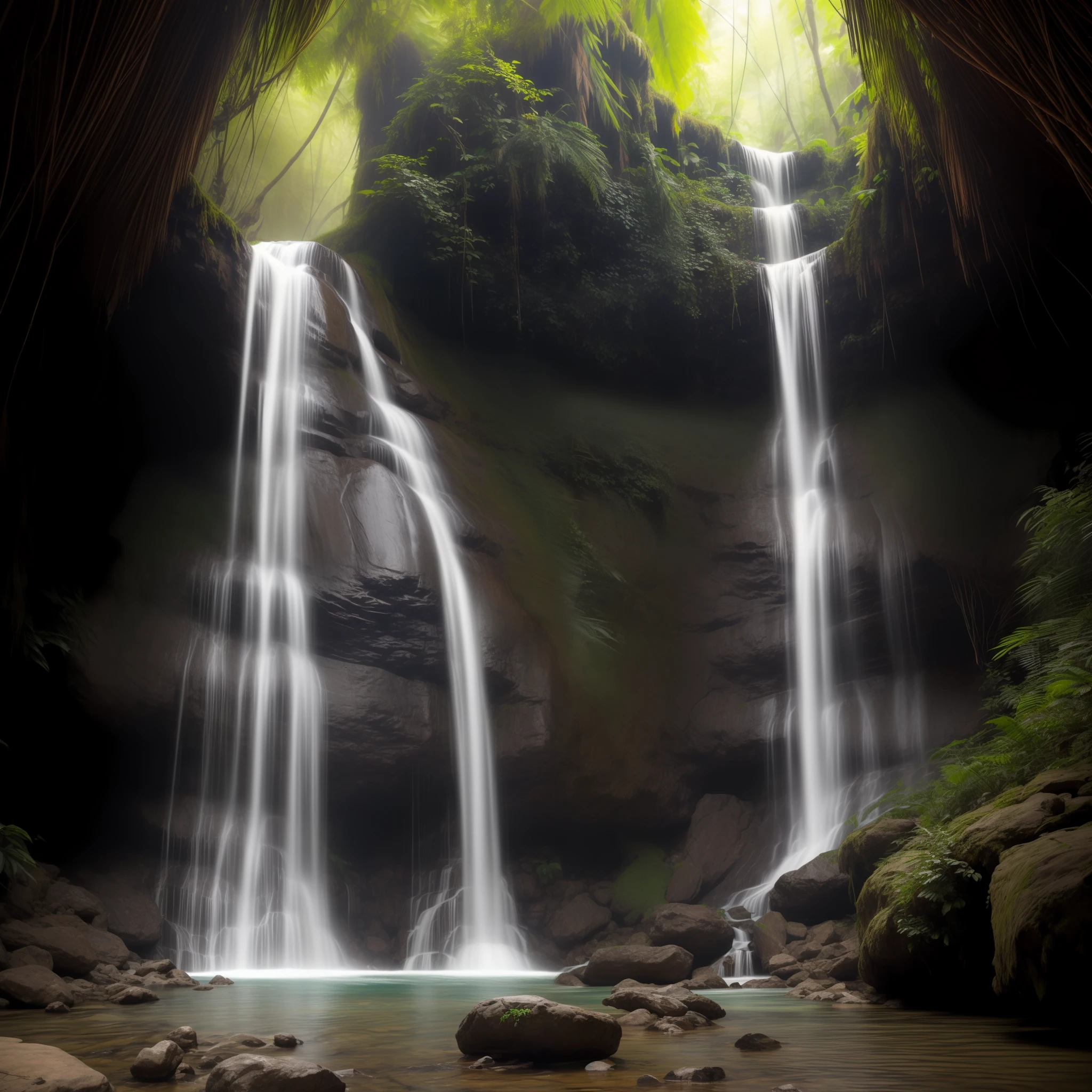 the interior of an ancient jungle waterfall , in the style of impressive panoramas, ethereal images