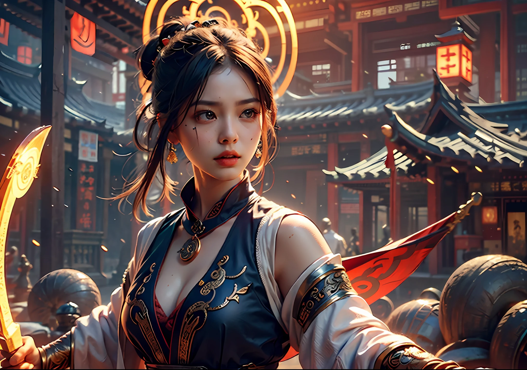 Best quality,masterpiece,ultra high res,(photorealistic:1.4),xiuxian,weapon,Detailed face,
1girl,solo,weapon,cleavage,(magic circle:1.2),xiuxian,upper body,Beautiful girl,full body,east asian architecture,sheath,architecture,