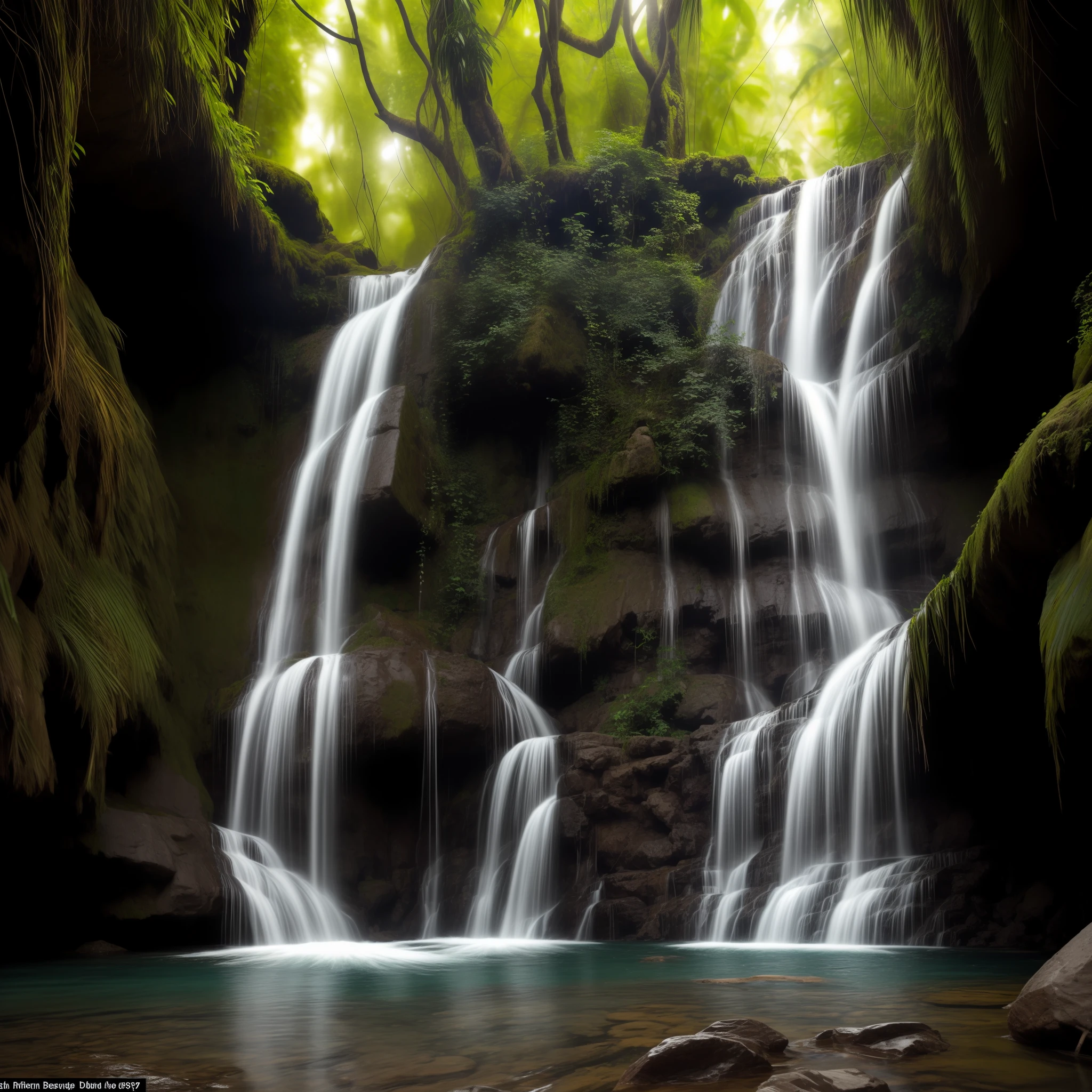 the interior of an ancient jungle waterfall , in the style of impressive panoramas, ethereal images