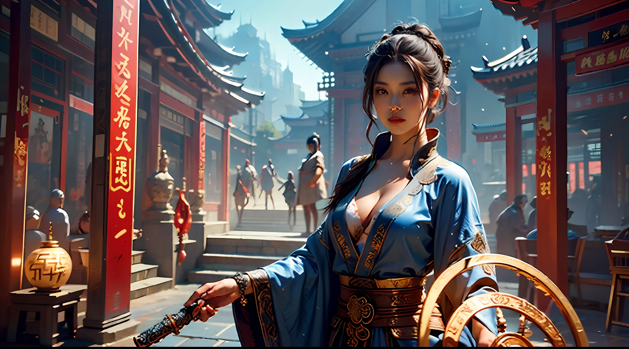 Best quality,masterpiece,ultra high res,(photorealistic:1.4),xiuxian,weapon,Detailed face,
1girl,solo,weapon,cleavage,(magic circle:1.2),xiuxian,upper body,Beautiful girl,full body,east asian architecture,sheath,architecture,