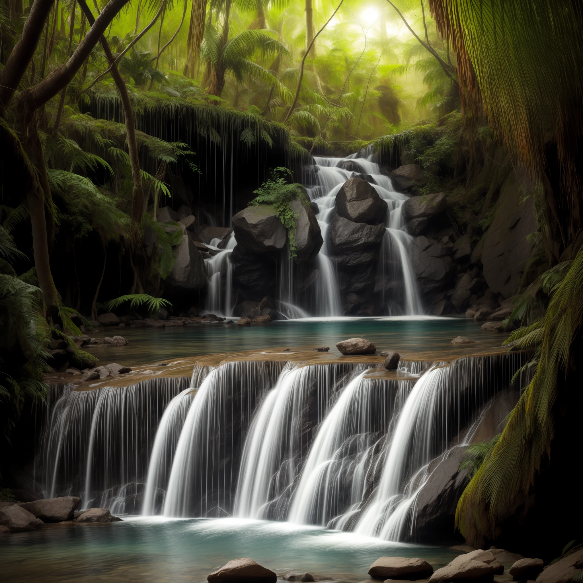 the interior of an ancient jungle waterfall , in the style of impressive panoramas, ethereal images