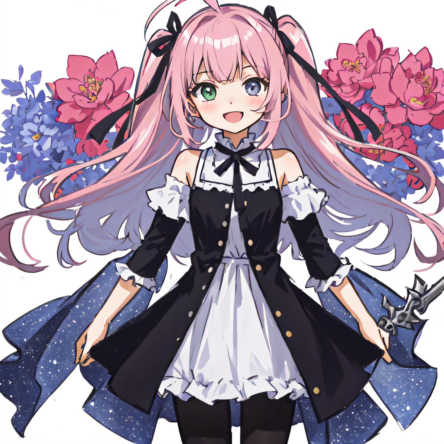 Masterpiece, High Definition, High Definition, Illustration), 8K,Blurred Background, [(White Background: 1.2)::5], Cowboy Shot, Spring (Season), (No Light: 1.1), (Temptation: 1.2), Elegance , (1 Loli: 1.1),, Floating Hair, Ahoge, Deep Sky, Stars (Sky), (Summer (Floral: 1.2) Dress: 1.1), Summary, (See-through: 0.85), Shine, Rosetail, (Multicolor Peony: 1.15), movie poster, (colorful: 1.1), ornament, petals, (pantyhose: 1.1), ribbon, solo, (cute:1.5),(chibi:0.8), (cute:1.5),(loli:0.5),break,{heterochromia,pale blue eyes,pale green eyes:1.5}, silhouette of star eyes, standing figure, happy, :d, break ((pale pink hair, twin blades, semi-long hair, ribbon: 1.5)), thinning hair, break, big,