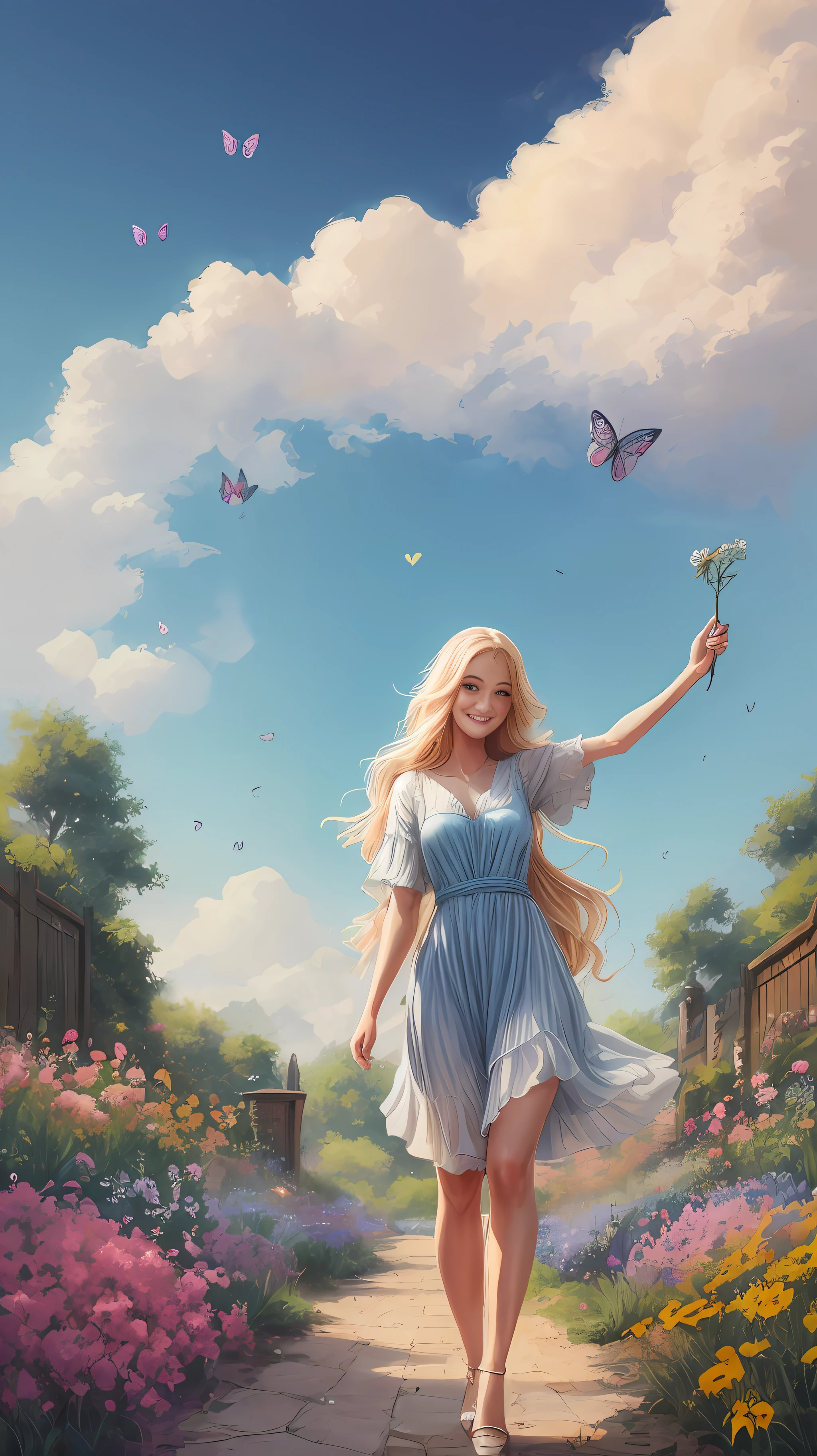 1 solo radiant blonde woman with long flowing hair, smile that lit up everyone around. Taking care of the garden with love and dedication, flower and butterfly in perfect harmony Illustration of 1 solo blonde woman in flower garden with blue sky of clouds, playing with butterflies. Beautiful illustration, beautiful painting, beautiful UHD 4k art, beautiful art, a beautiful art illustration, art in the style of guweiz, beautiful painting, atey ghailan 8k, artgerm and atey ghailan, happy in a flower garden, playing butterflies, (butterflies). (best quality, masterpiece), 1 solo woman, blonde, pose, particle, wind, flower, full body, garden background, looking at butterflies. --auto