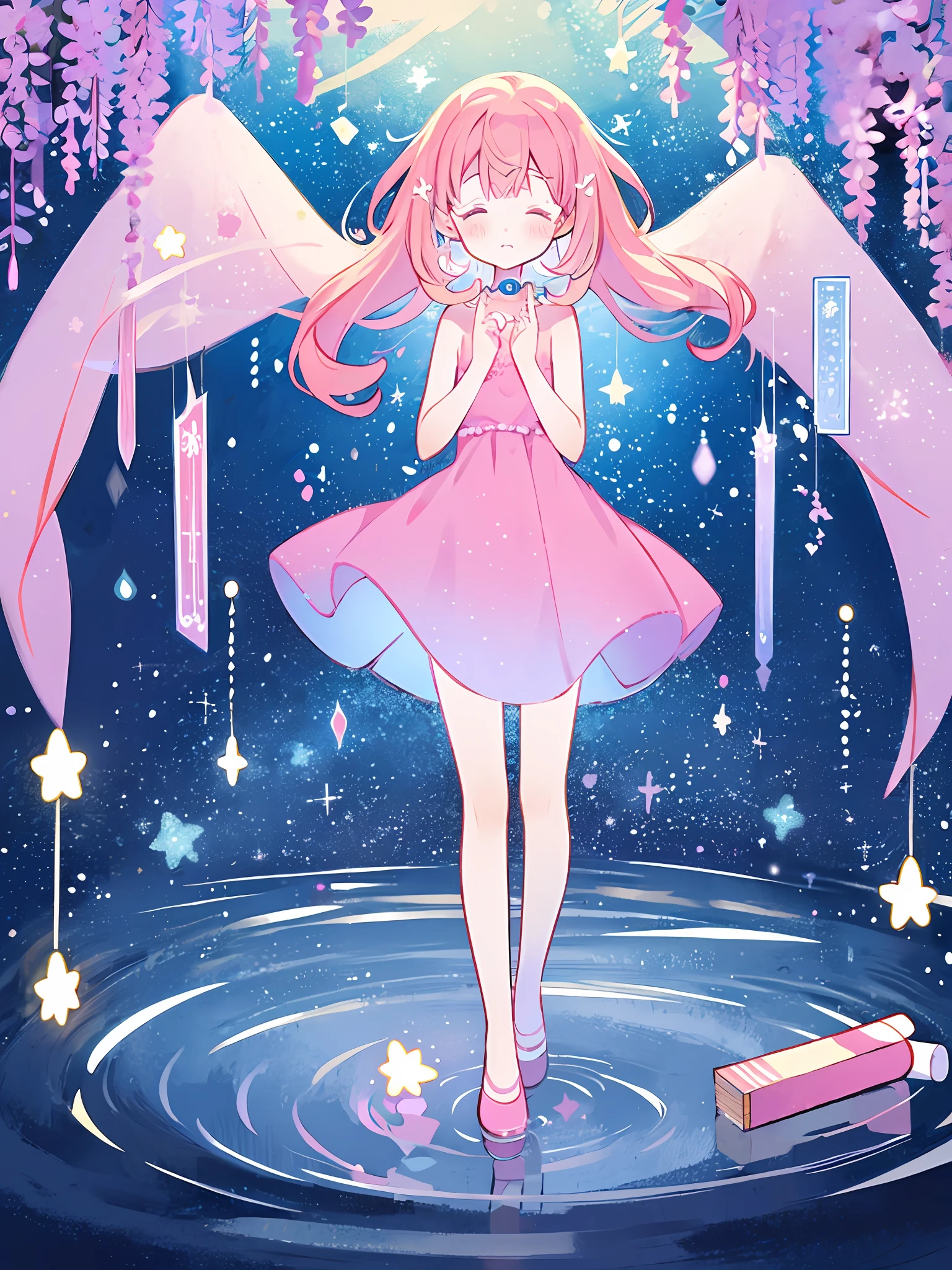 complex background, wishing star background, woman inside of the bottle wearing a ethereal mystical pink traslucent dress that reflects the stars , perfume promo art, mystic,complex drawing, highly detailed, Covergirl brand, promo art,a woman inside of a perfume bottle. artistic rendition, ethereal, starry night, midjourney style