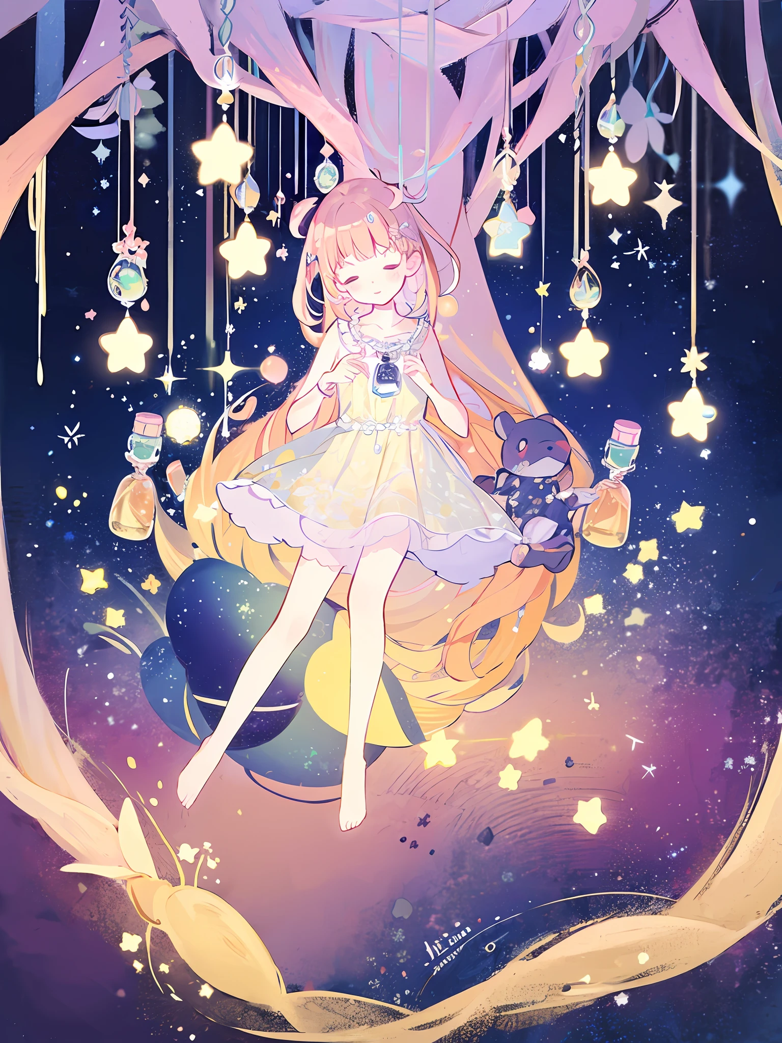 complex background, wishing star background, woman inside of the bottle wearing a ethereal mystical pink traslucent dress that reflects the stars , perfume promo art, mystic,complex drawing, highly detailed, Covergirl brand, promo art,a woman inside of a perfume bottle. artistic rendition, ethereal, starry night, midjourney style