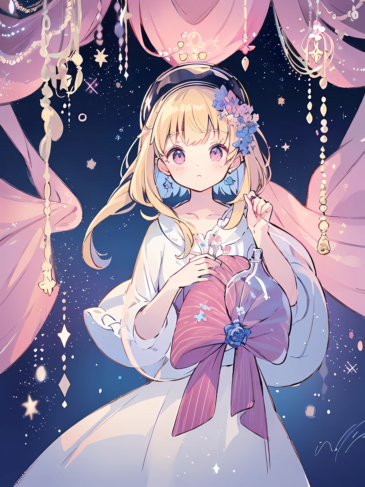 complex background, wishing star background, woman inside of the bottle wearing a ethereal mystical pink traslucent dress that reflects the stars , perfume promo art, mystic,complex drawing, highly detailed, Covergirl brand, promo art,a woman inside of a perfume bottle. artistic rendition, ethereal, starry night, midjourney style
