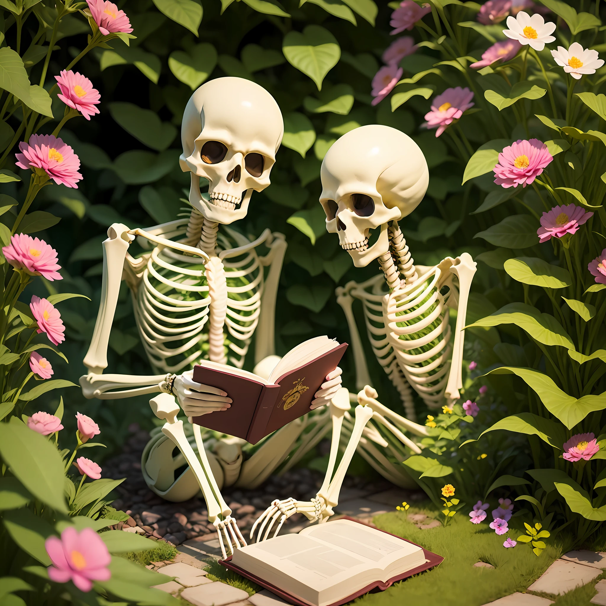 A human skeleton reading an ancient book in a garden filled with bright colors and diverse blooms. --auto