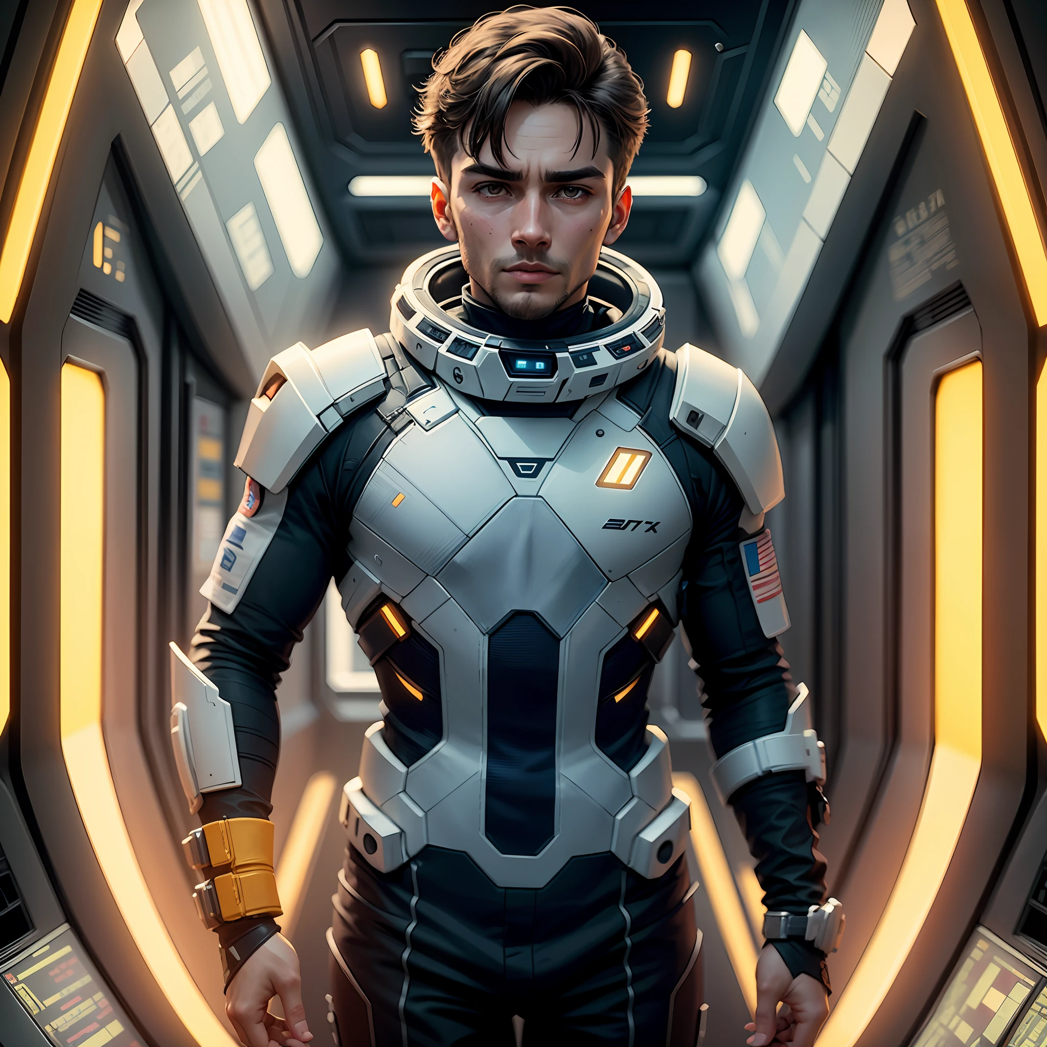 fking_scifi, award-winning photo of a man, black flight suit with yellow accents, brown hair, (gray eyes:1.35), square jawline, asymmetric face, standing in front of a window on a space ship, 80mm, bokeh, mass effect, close up, fking_cinema_v2 --auto