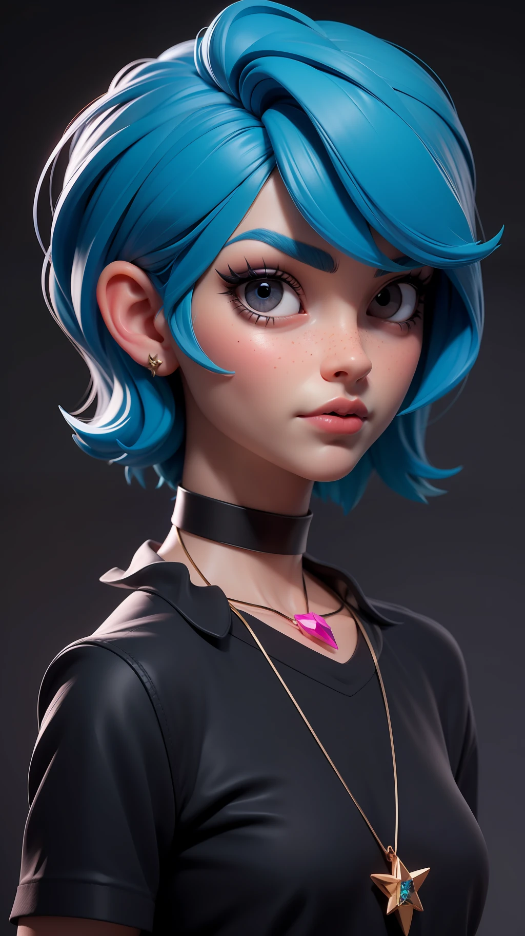 masterpiece, best quality,3d rending work ,3DMM style,close-up,portrait, 3D,1girl, solo, multicolored hair, blue hair, black hair, necklace, freckles, jewelry, two-tone hair, looking to the side, realistic, upper body, simple background, bangs, looking away, short hair, parted lips, black eyes, lips, gothic, choker, makeup, mole, black shirt, shirt, watermark