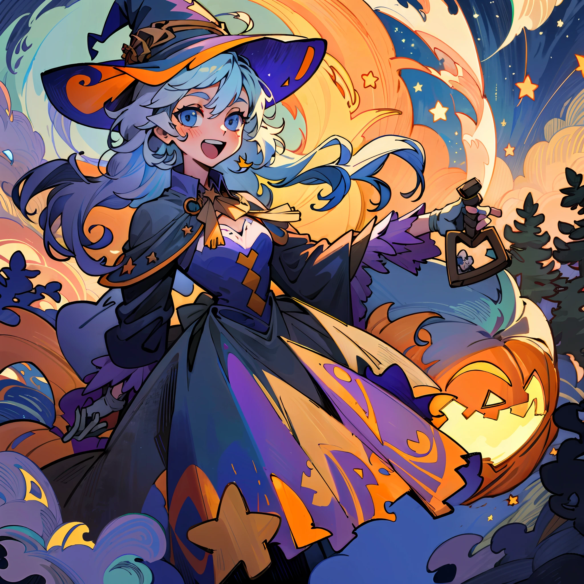 ((masterpiece:1.2, best quality)), 1girl, solo, (witch hat), a close up of a girl with curly hair, dress, aurora, night, star (sky), gloves, sky, dress, night sky, open mouth, starry sky, light blue eyes, ribbons, smile, cape, colorful hair, magic, casting spell, night, (impressionism:1.4), alphonse mucha, Halloween colors, colorful candy, magical lights, pumpkins, candies