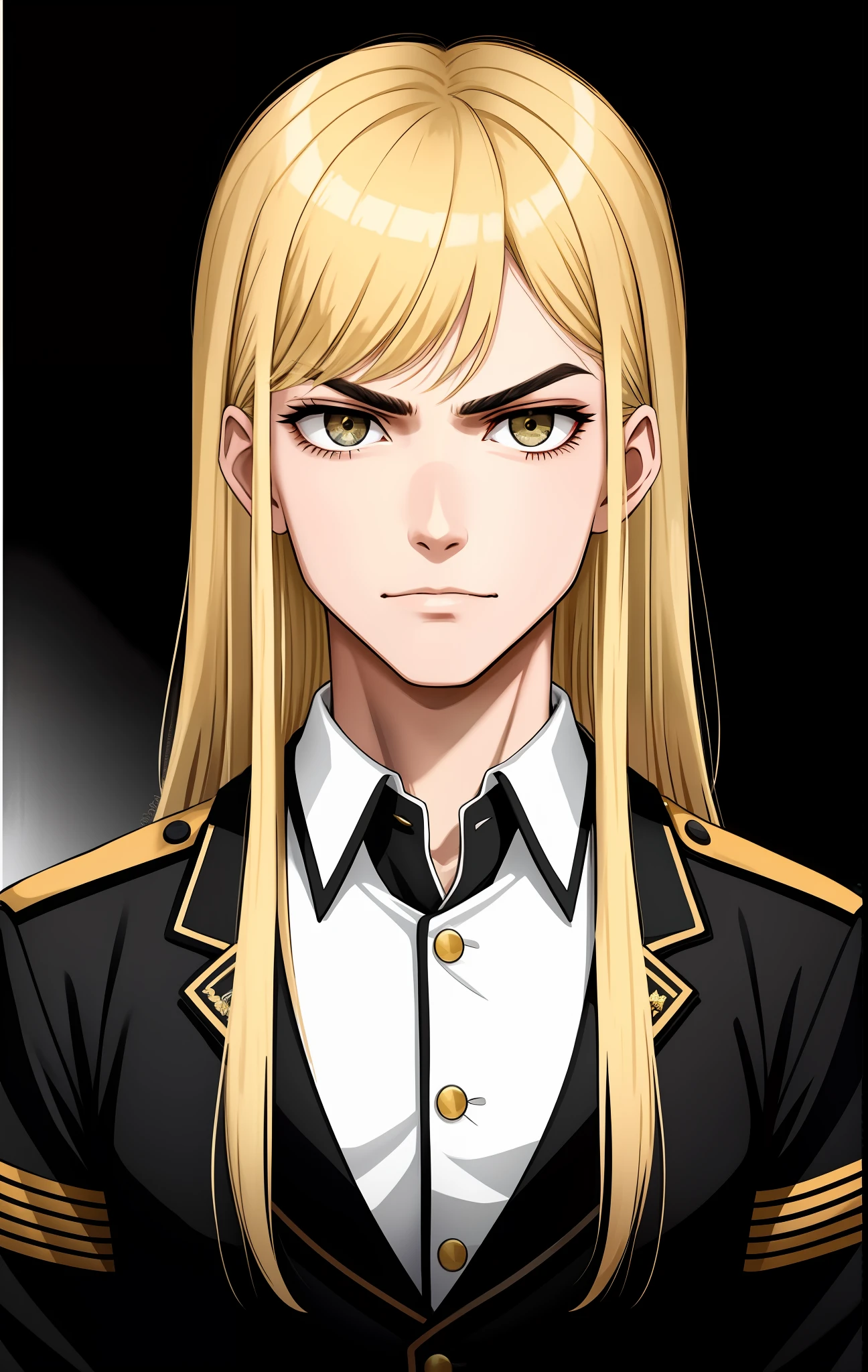 Young man wearing high-ranking black military clothes, blonde hair with black chicks, hair with bangs, evil look