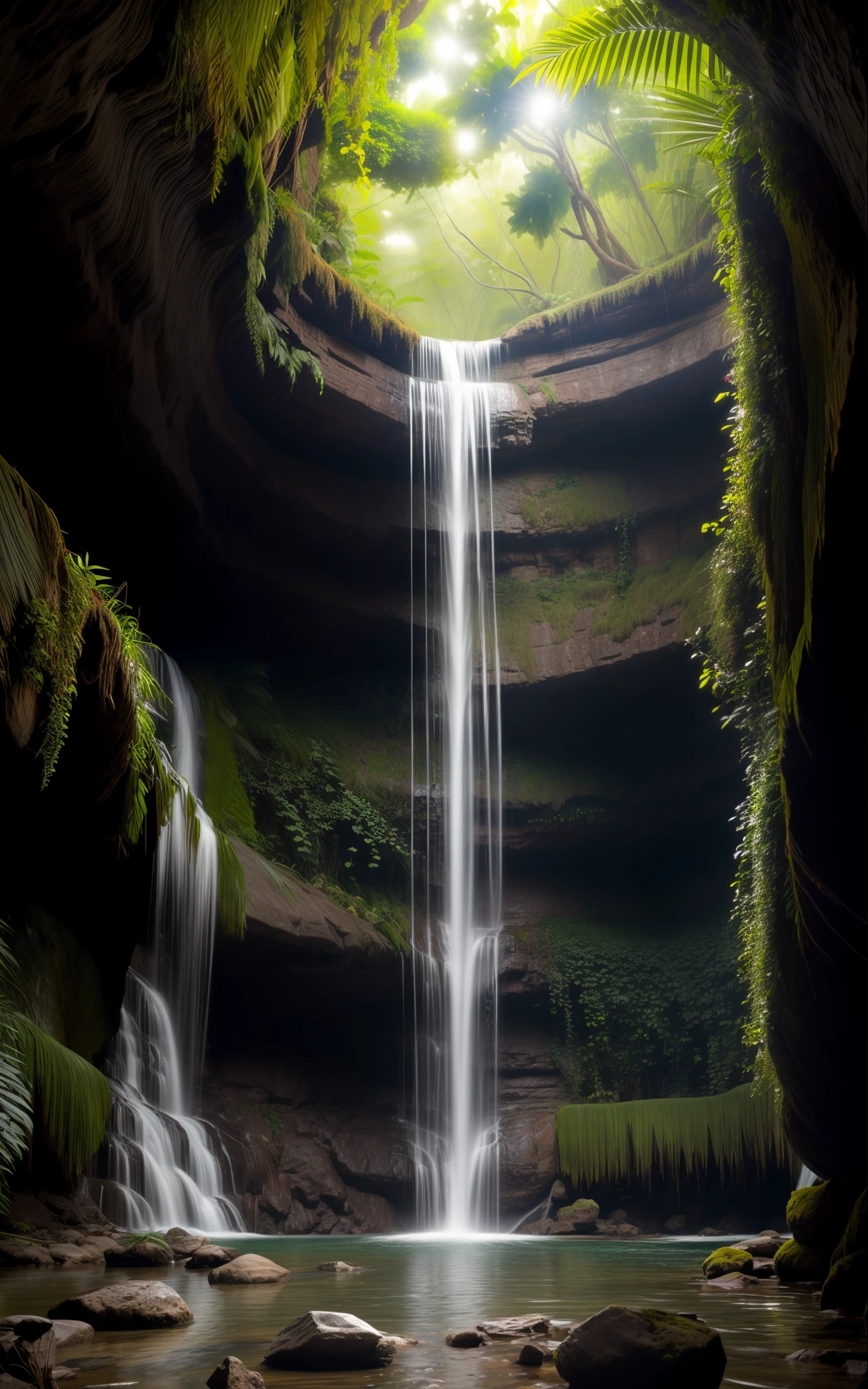 the interior of an ancient jungle waterfall , in the style of impressive panoramas, ethereal images