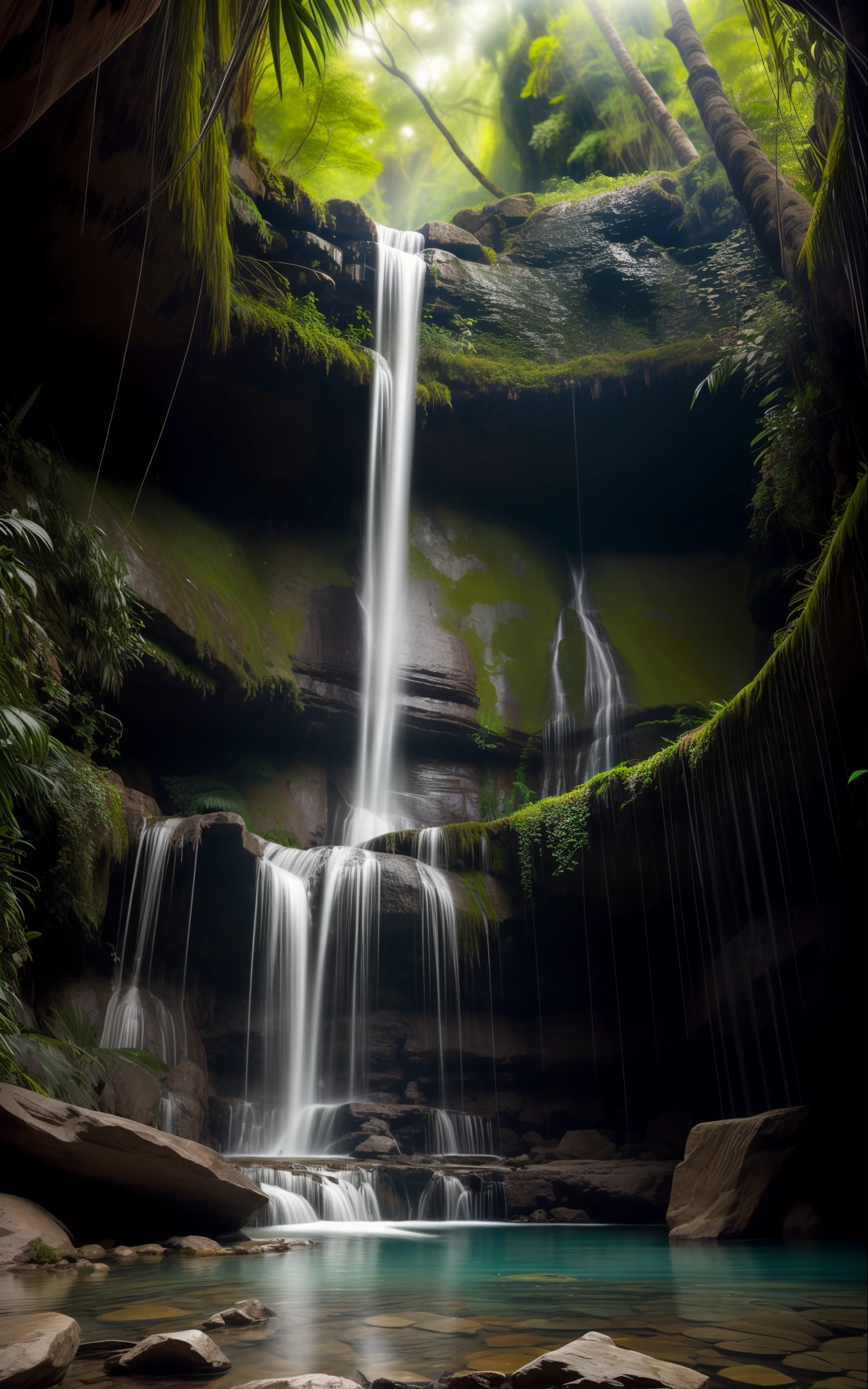 the interior of an ancient jungle waterfall , in the style of impressive panoramas, ethereal images