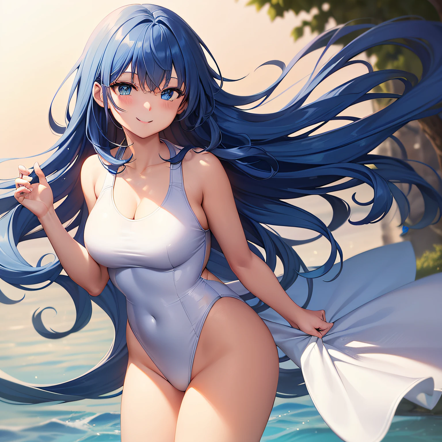 Top quality, very delicate and beautiful, late twenties, oopy, (alone), big, (((blue hair)), long hair to the waist, white high-leg swimsuit, blue eyes, standing, smile,
