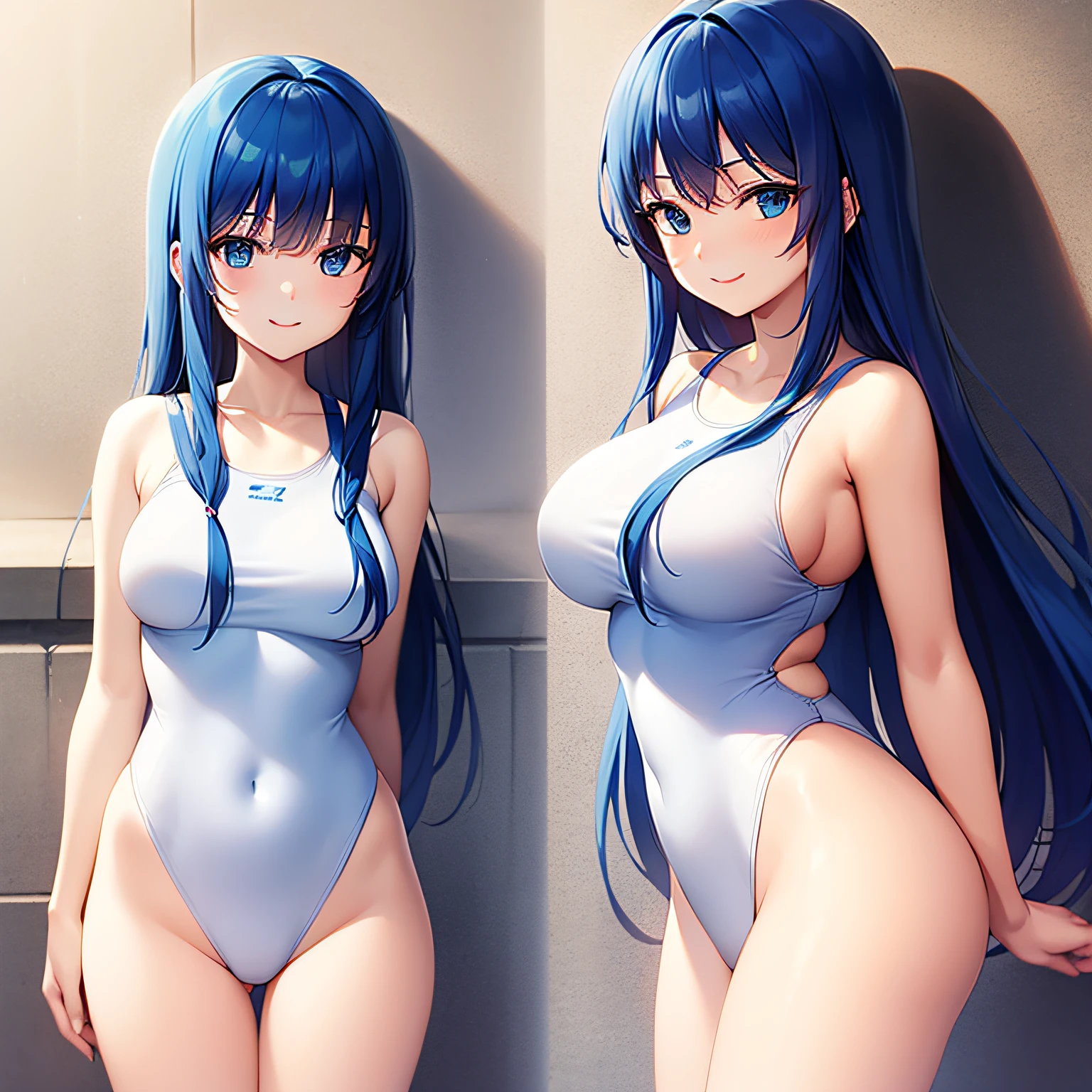 Top quality, very delicate and beautiful, late twenties, oopy, (alone), big, (((blue hair)), long hair to the waist, white high-leg swimsuit, blue eyes, standing, smile,