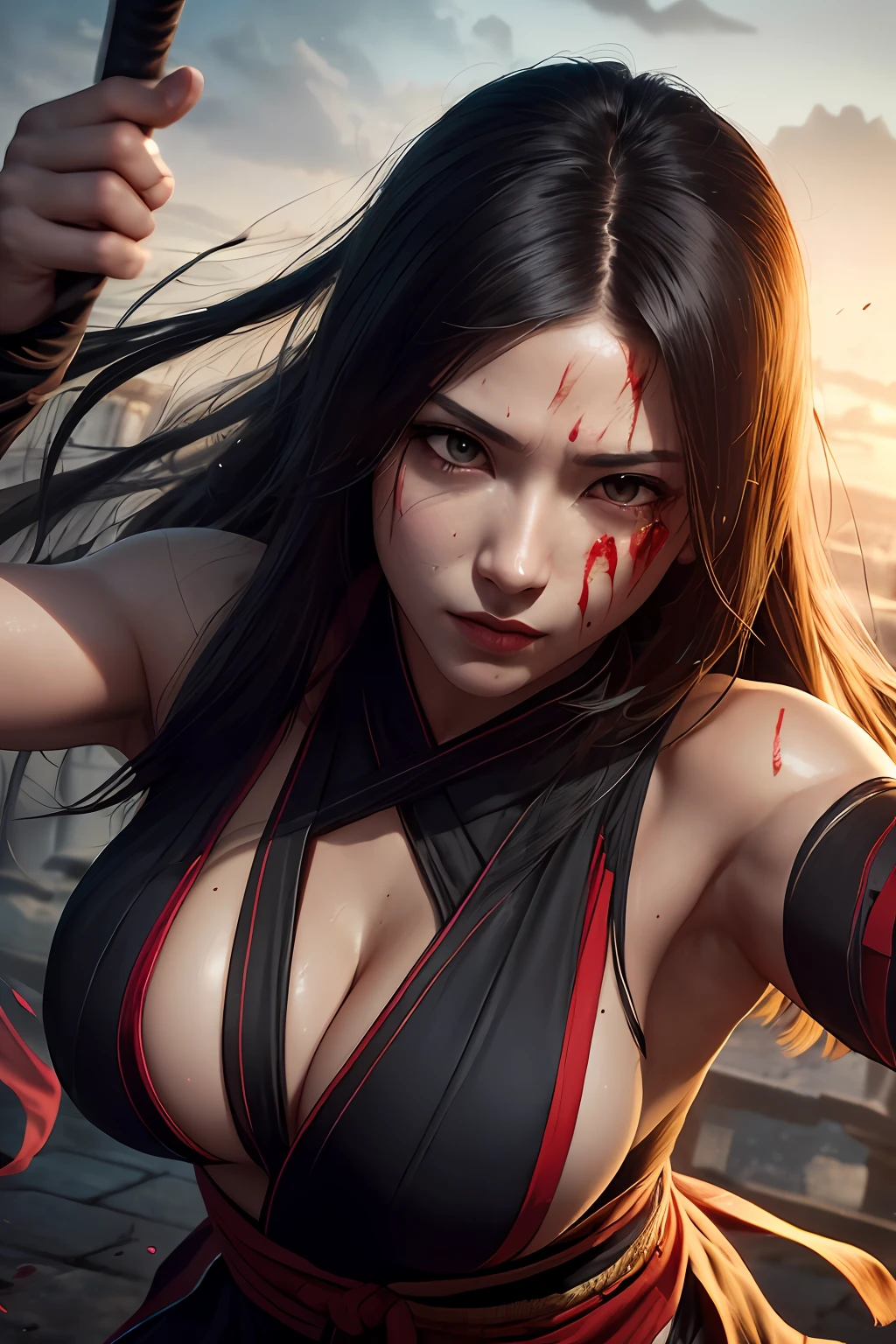realistic, 1girl, high quality fingers, normal hands, detailed fingers, masterpiece, (realistic, photo-realistic: 1.37), realistic, 1girl, long hair:1.5, black hair:1.2, red eyes:1.5, bright eyes, mortal kombat, ninja, blood, scar, weapons, kimono, dress, mortal kombat suit, large breasts, fighting pose, serene look, temple, meditation, injuries, ninja mask, cover half of face, (sweat: 1)