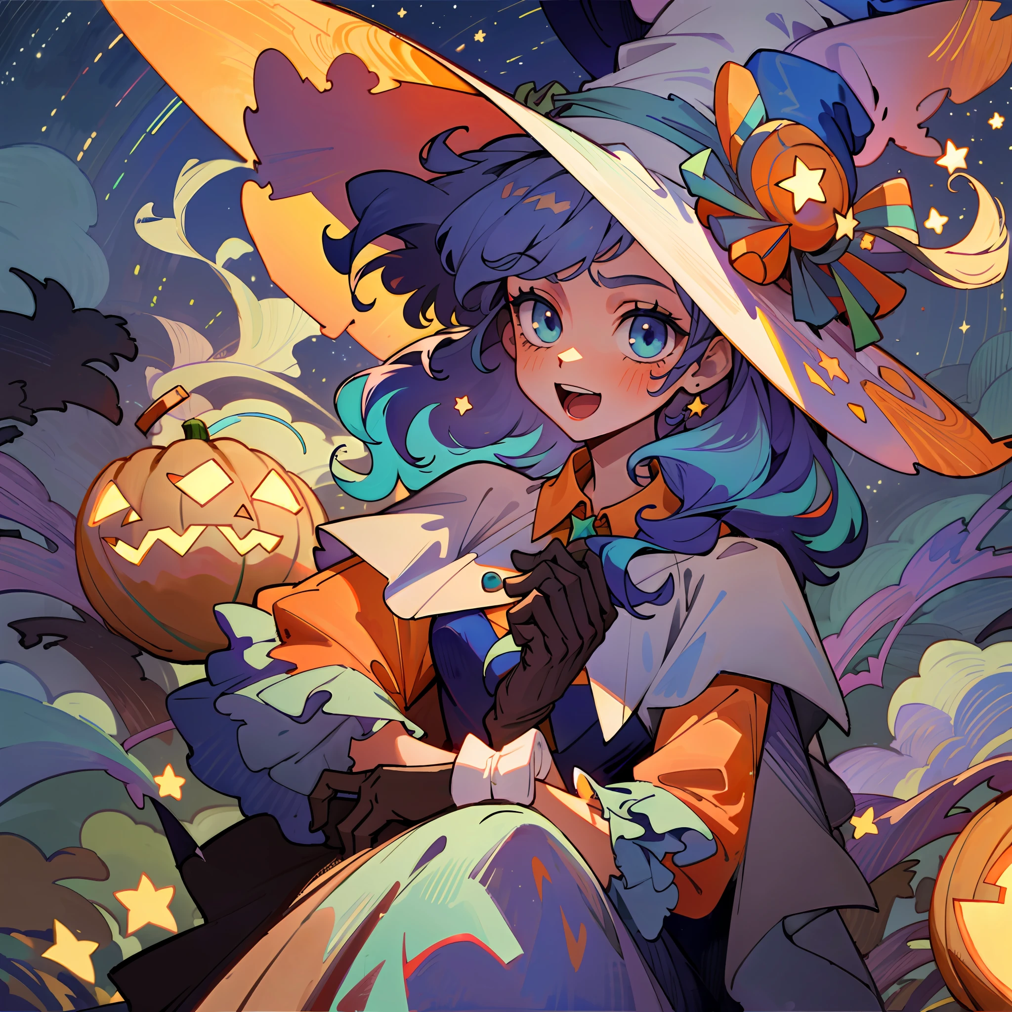((masterpiece:1.2, best quality)), 1girl, solo, (witch hat), a close up of a girl with curly hair, dress, aurora, night, star (sky), gloves, sky, dress, night sky, open mouth, starry sky, light blue eyes, ribbons, smile, cape, colorful hair, magic, casting spell, night, (impressionism:1.4), alphonse mucha, Halloween colors, colorful candy, magical lights, pumpkins, candies