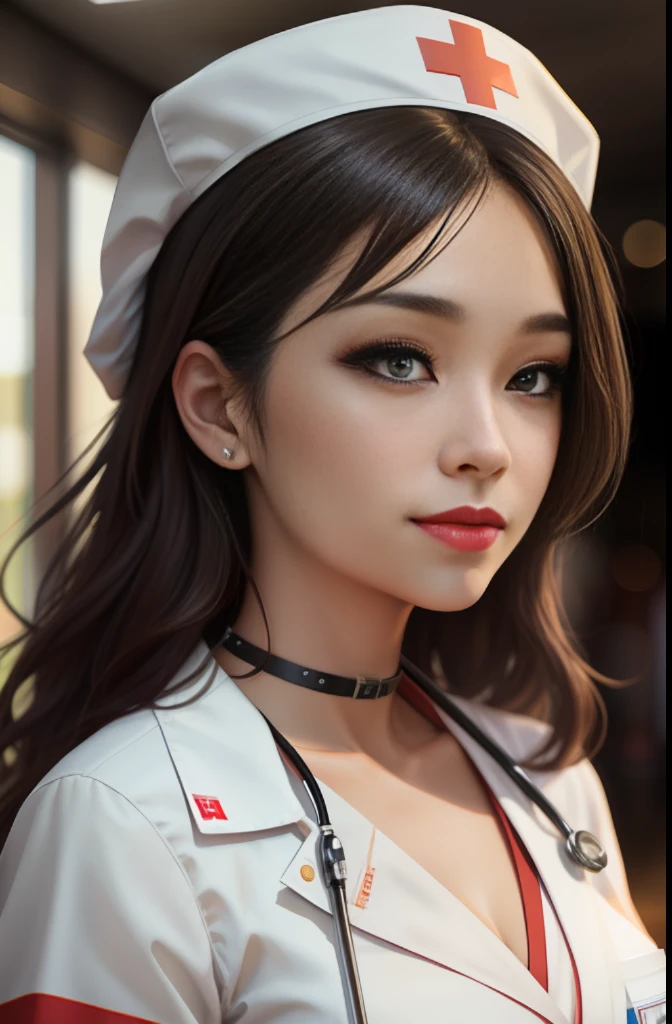 japanese nurse, movie, reality, canon 6d, hospital corridor on background, medium lens, high detail, digital painting, detailed face, sharp focus, brown hair, hazel eyes, slim figure, white nurse uniform, name brand, white nurse cap, red lipstick, black high heels, silver watch, stethoscope hanging around neck, holding syringe, smile emoji, textured skin, super detail, high detail, high quality, lens flare, f/1.8, cinematic lighting, projection, //masterpiece, best quality, // Masterpiece, //Masterpiece, Award-winning, Eye Level Shooting, Sony FE GM, 16k, Ultra HD, Ccurate