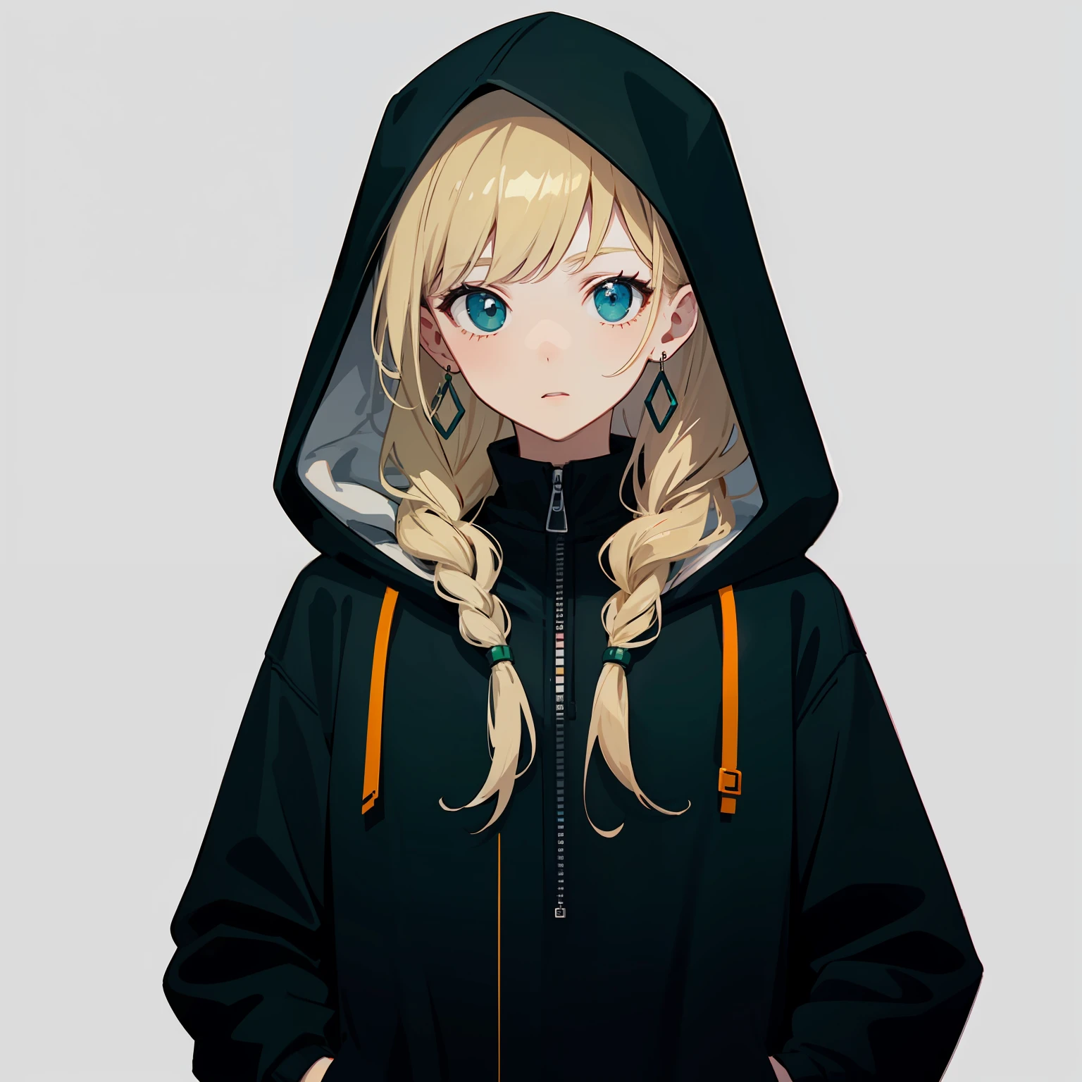anime drawing of girl with long blonde hair, 1 girl, solo, jewelry, earrings, long hair, down, jacket, hood, hood, simple background, upper body, green hat, gray background, low contrast, chromatic aberration, high contrast, flat color, limited palette, ligne claire, sketch