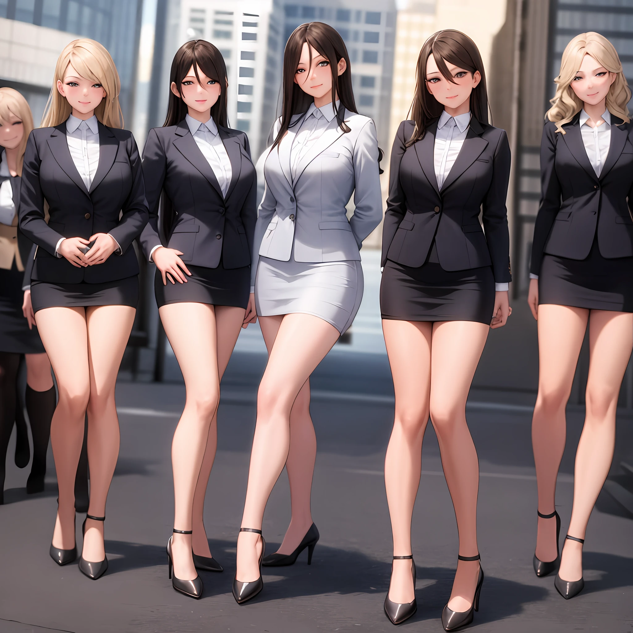 masterpiece, (best quality), 3women, 3girls, triplets, identical sisters, clones, brown hair, long hair, curly hair, matching hairstyles, hazel eyes, office attire, blazer, pencil skirt, medium breasts, matching outfits, sexy woman, smile, hair between eyes, long sleeves,closed clothes, embarrassed,blush, skirt, vibrant colors ,natural lighting ,RTX, , beautiful, (detailed face:1.2), showcase, (perfect eyes:1.1) ,(photorealistic:1.1), 8k uhd, looking at viewer, outdoors, simple backround, fully body, bare legs, high heels