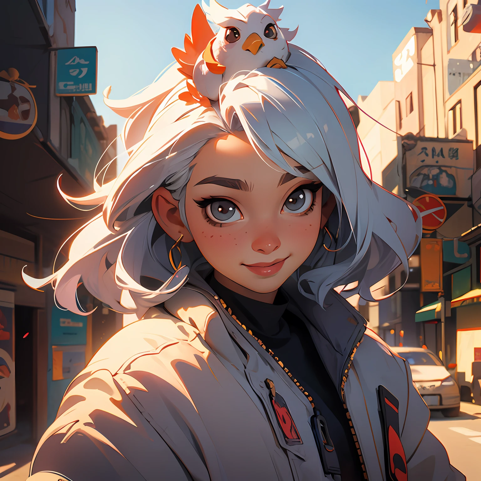 (8k, RAW photo, top quality, masterpiece: 1.2), (realistic, photoreal: 1.37), 1 girl, (Kpop idol), (charming chick), portrait, cute, cityscape, professional lighting, photon mapping, radiosity, physically based rendering, smile, pose, silver-haired, bird cage, feathered coat, (chicken on head) (wearing a bird costume)