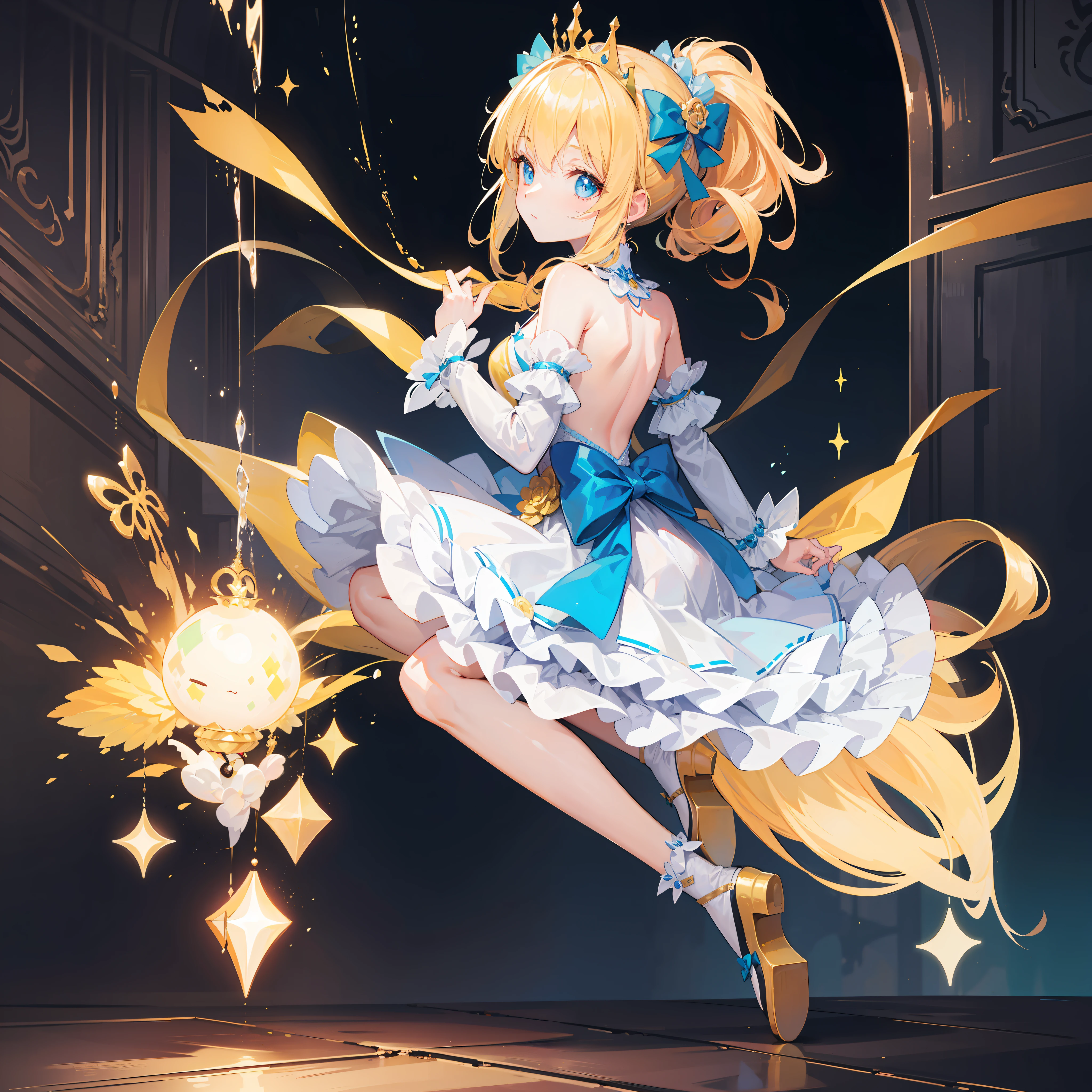 Masterpiece, best quality, (very detailed CG Unity 8k wallpaper) (best quality), (best illustration), (best shade) (full body picture), double ponytail , light blue princess dress, big bow back ornament, yellow tunic, top hat tiara, yellow haired girl, cute, cute