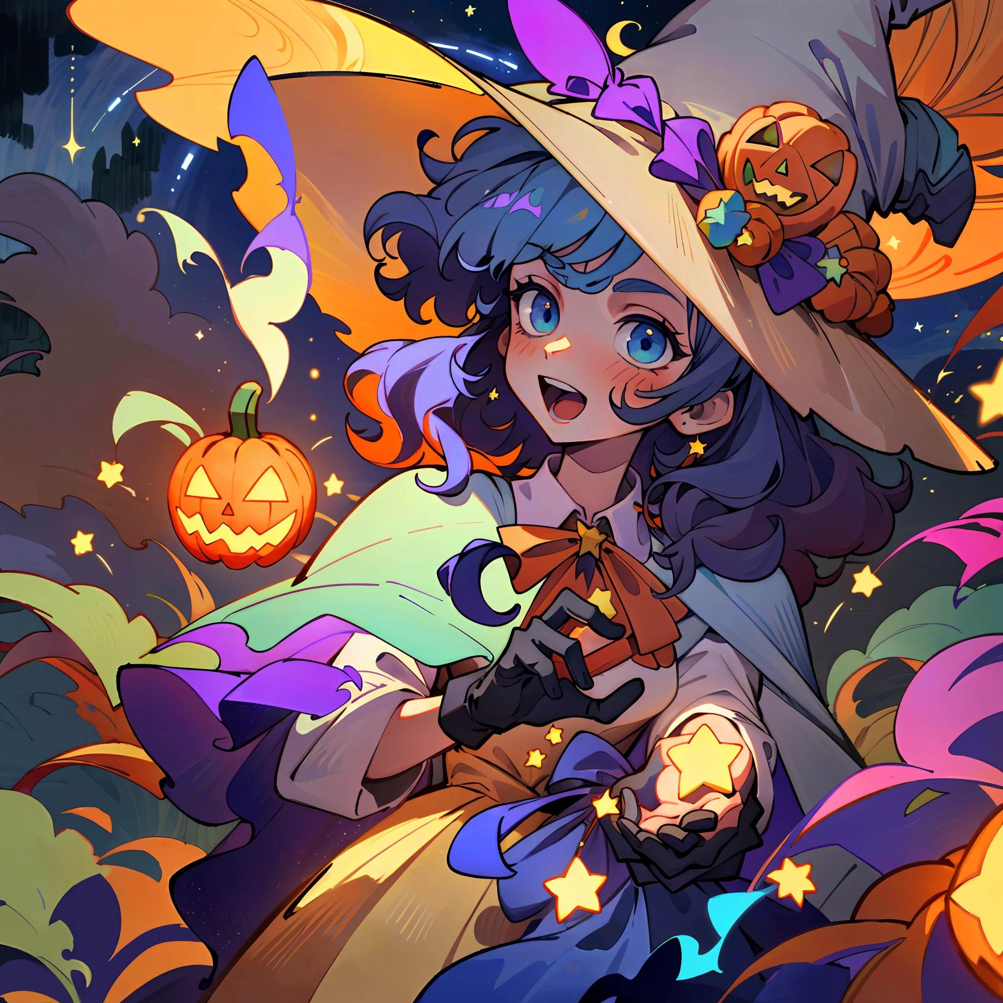 ((masterpiece:1.2, best quality)), 1girl, solo, (witch hat), a close up of a girl with curly hair, dress, aurora, night, star (sky), gloves, sky, dress, night sky, open mouth, starry sky, light blue eyes, ribbons, smile, cape, colorful hair, magic, casting spell, night, (impressionism:1.4), alphonse mucha, Halloween colors, colorful candy, magical lights, pumpkins, candies